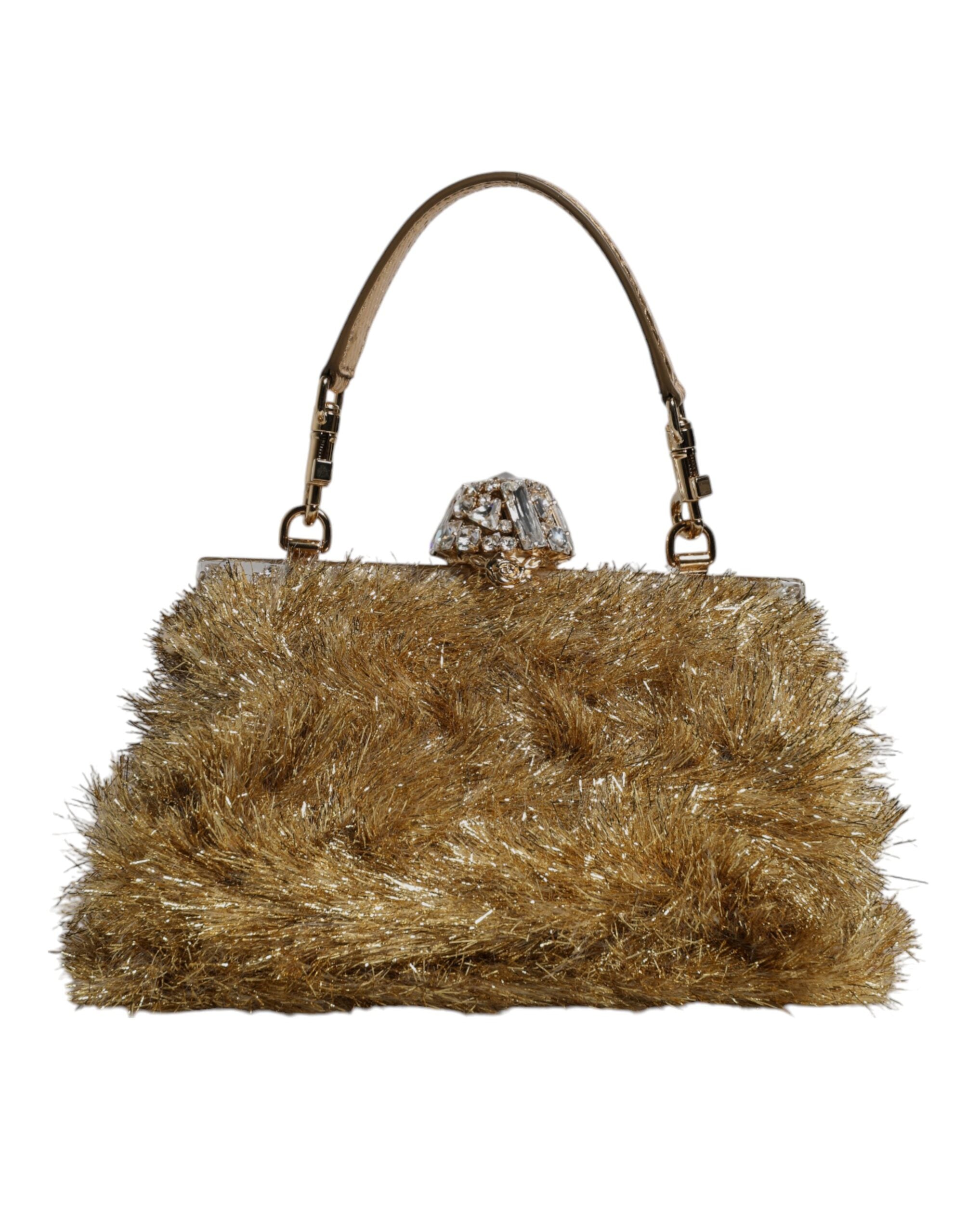 Dolce & Gabbana Gold Vanda Chain Strap Tinsel Crystal Evening Clutch Bag Glam Steals