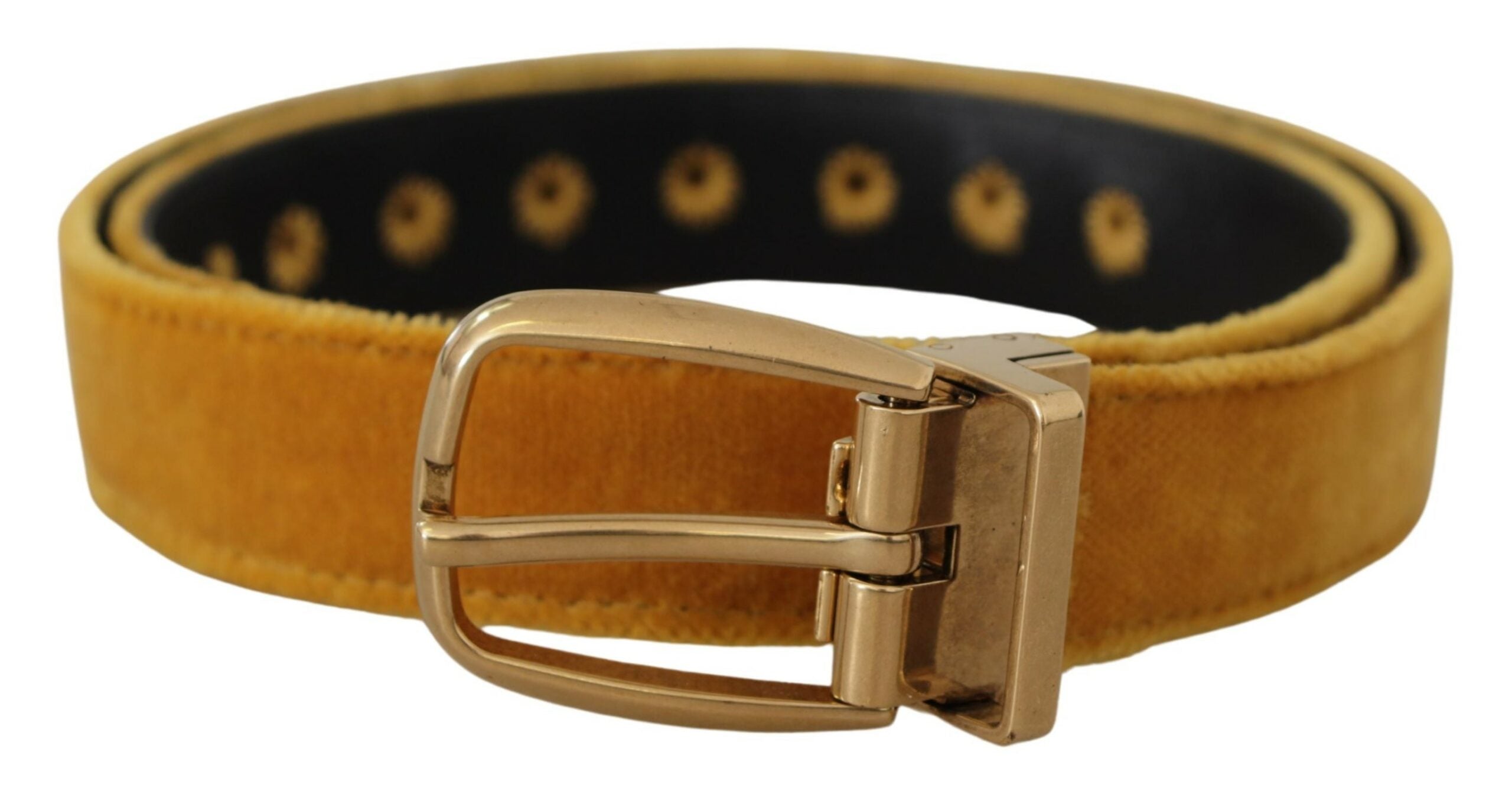 Dolce & Gabbana Gold Velvet Mustard Logo Engraved Metal Buckle Belt Glam Steals