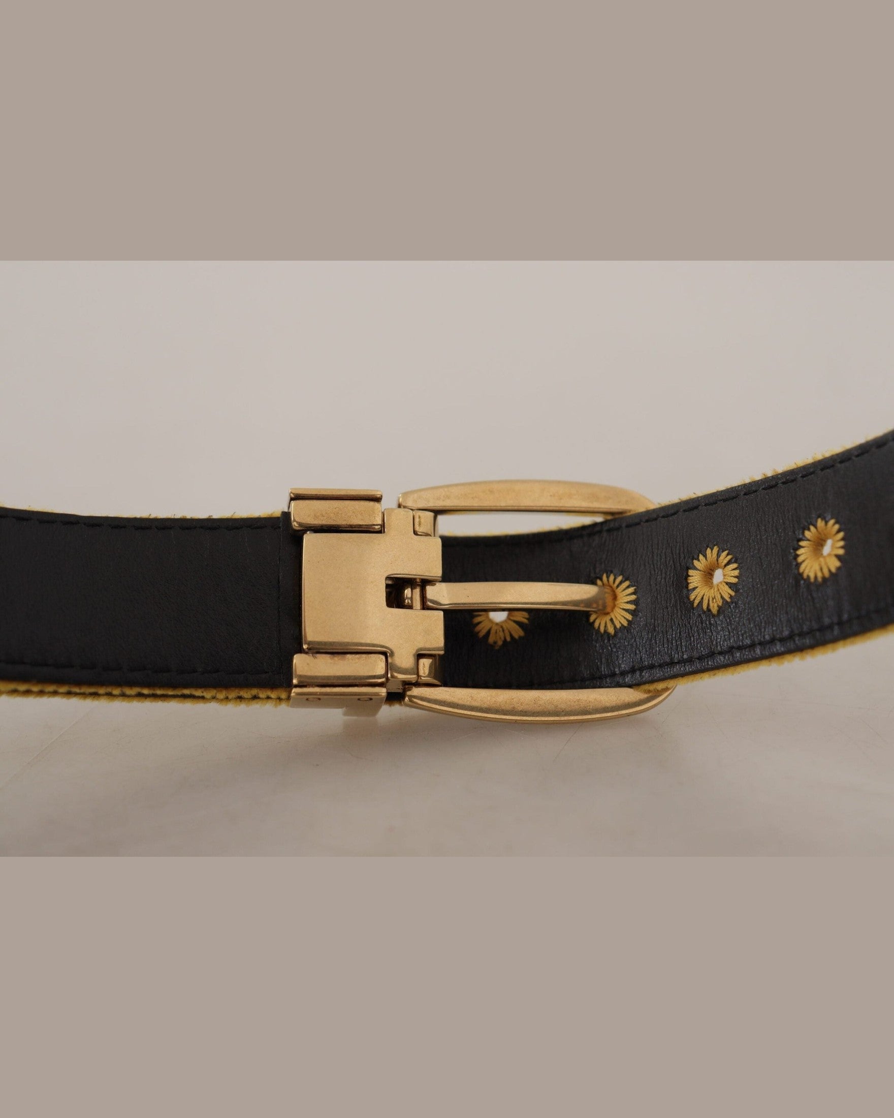 Dolce & Gabbana Gold Velvet Mustard Logo Engraved Metal Buckle Belt Belts
