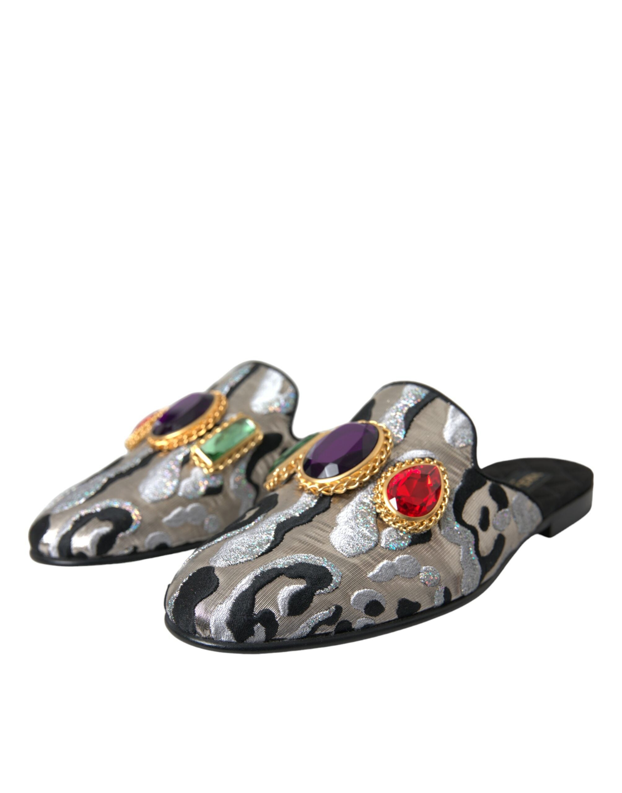 Dolce & Gabbana Gray Jacquard Crystal Mule Flat Sandals Shoes Glam Steals