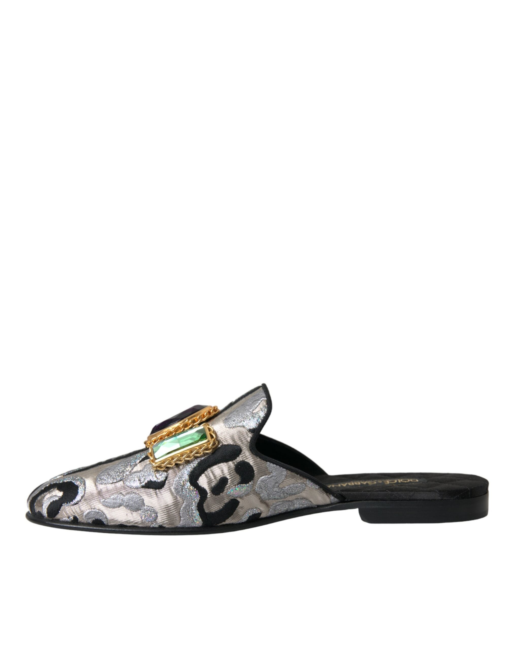 Dolce & Gabbana Gray Jacquard Crystal Mule Flat Sandals Shoes Glam Steals