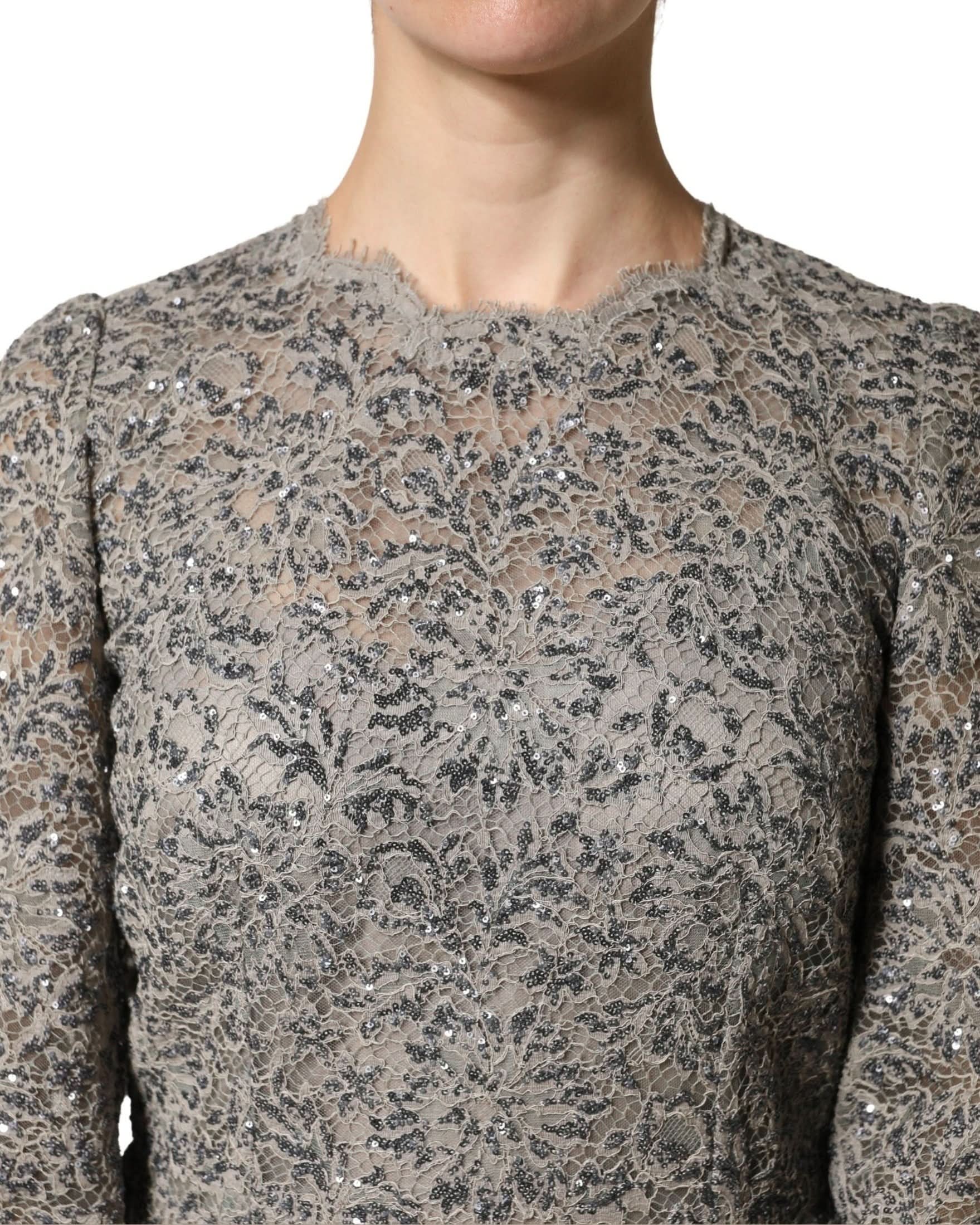 Dolce & Gabbana Gray Lace Long Sleeves Cotton Maxi Dress
