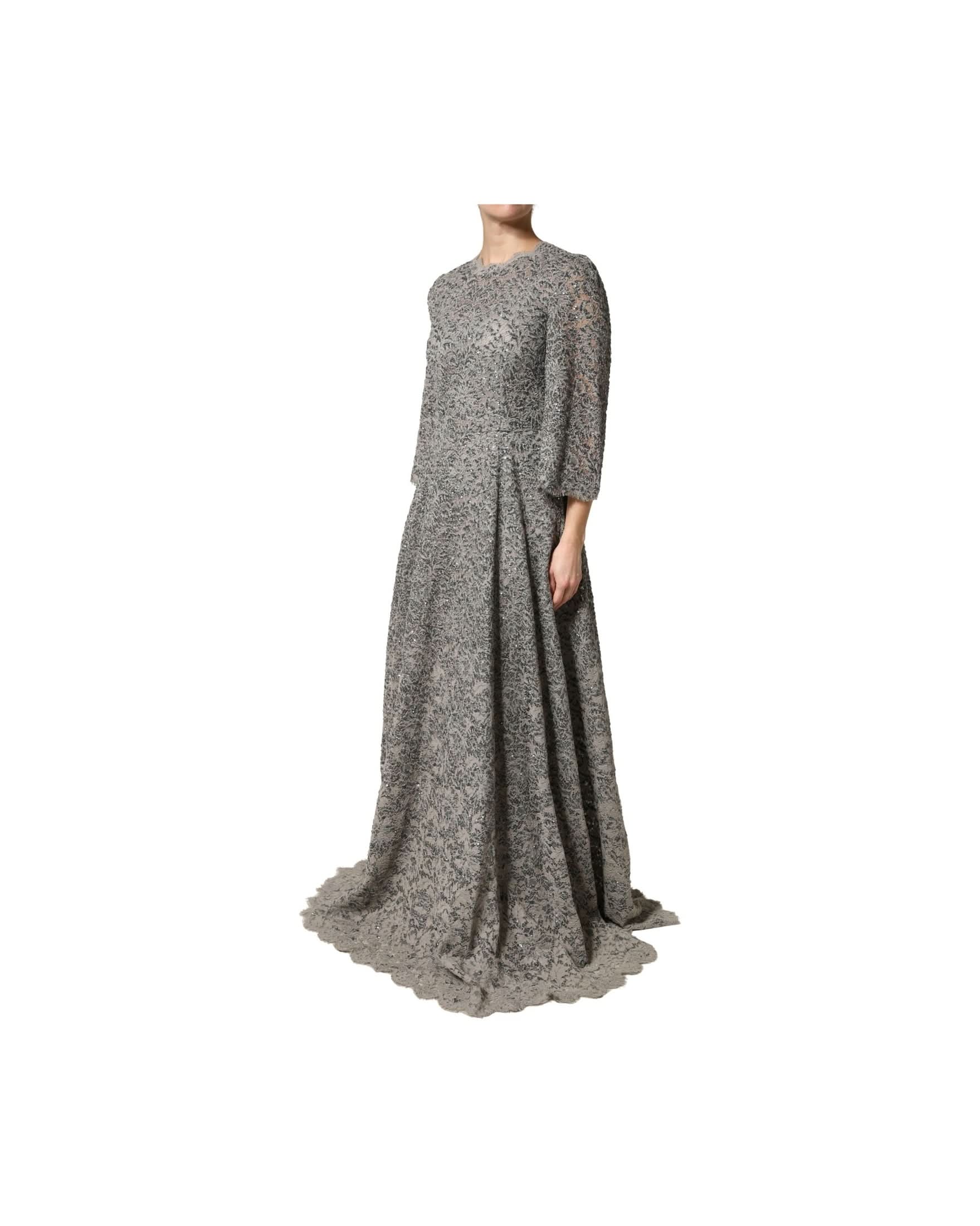 Dolce & Gabbana Gray Lace Long Sleeves Cotton Maxi Dress