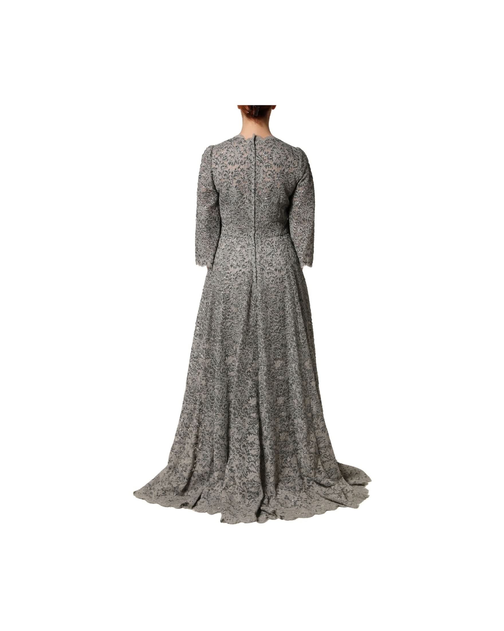 Dolce & Gabbana Gray Lace Long Sleeves Cotton Maxi Dress