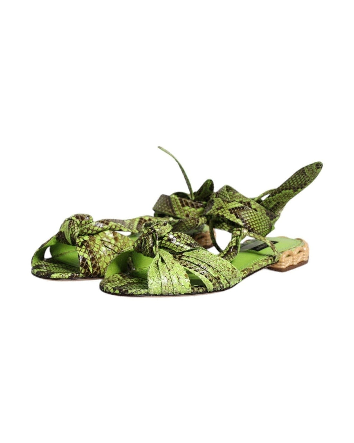 Dolce & Gabbana Green Animal Print Ankle Wrap Sandals Shoes Sandals