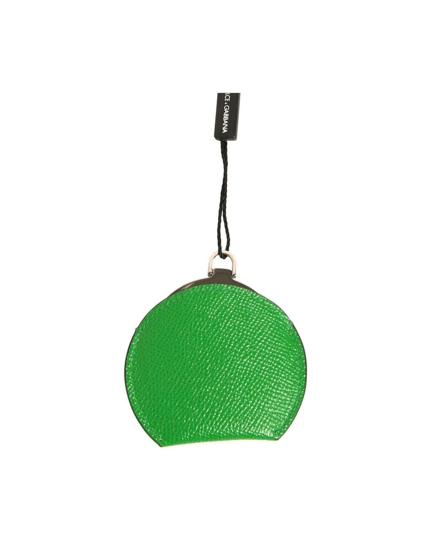 Dolce & Gabbana Green Calfskin Leather Round Logo Hand Mirror Holder Face Mirrors