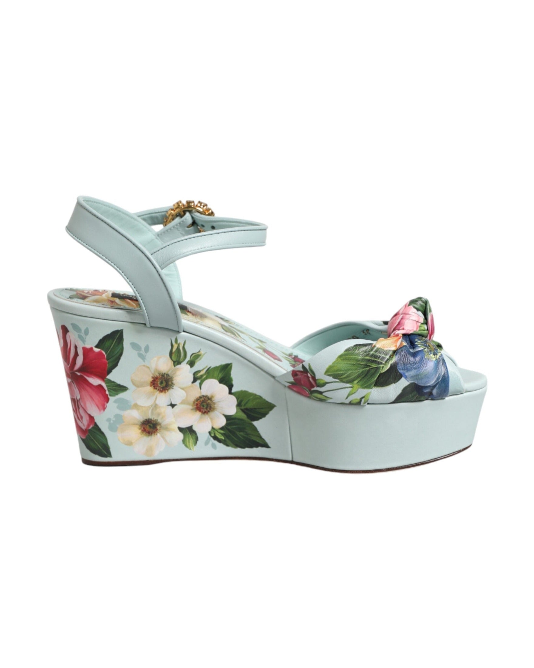 Dolce & Gabbana Green Floral Ankle Strap Wedge Heels