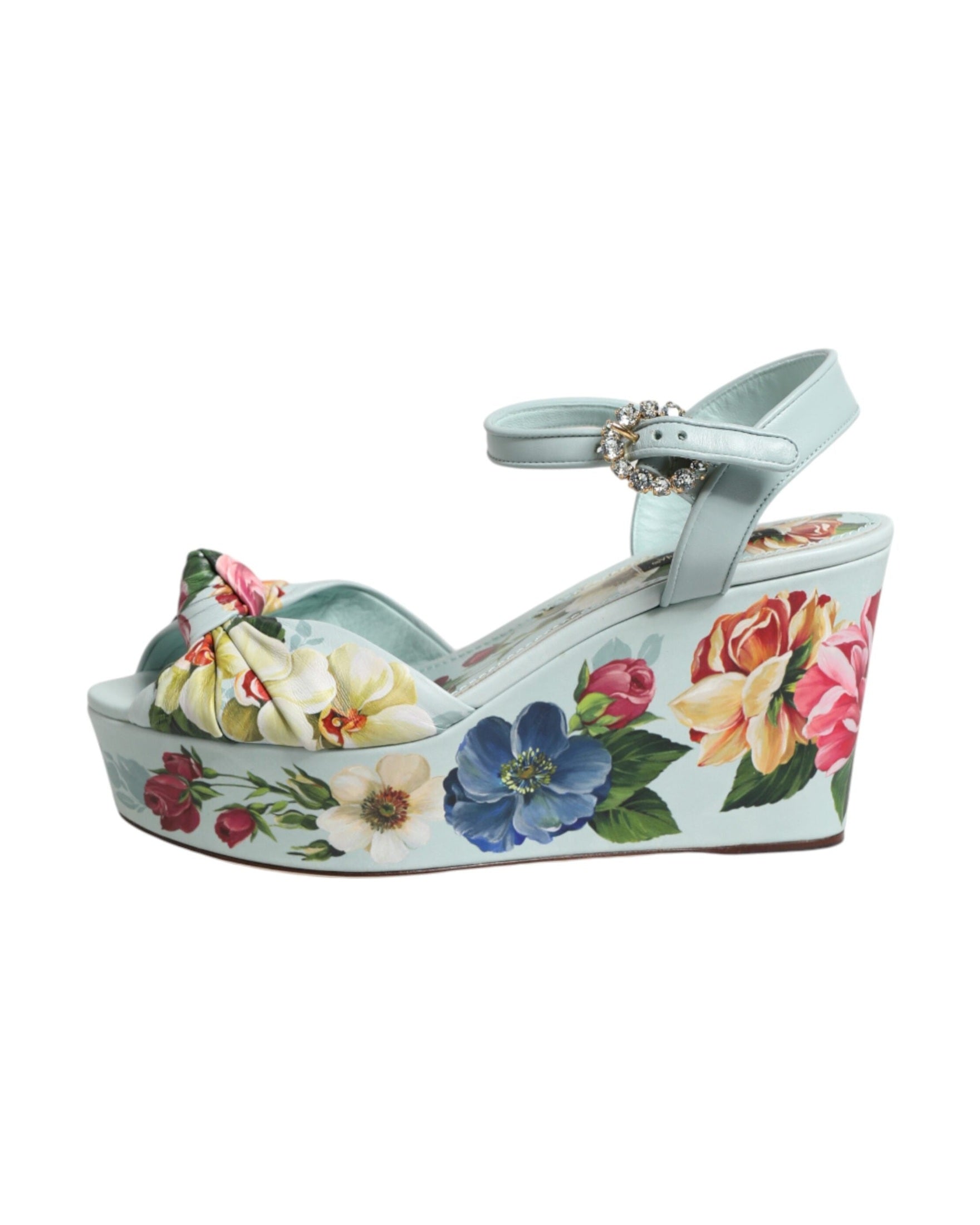 Dolce & Gabbana Green Floral Ankle Strap Wedge Heels