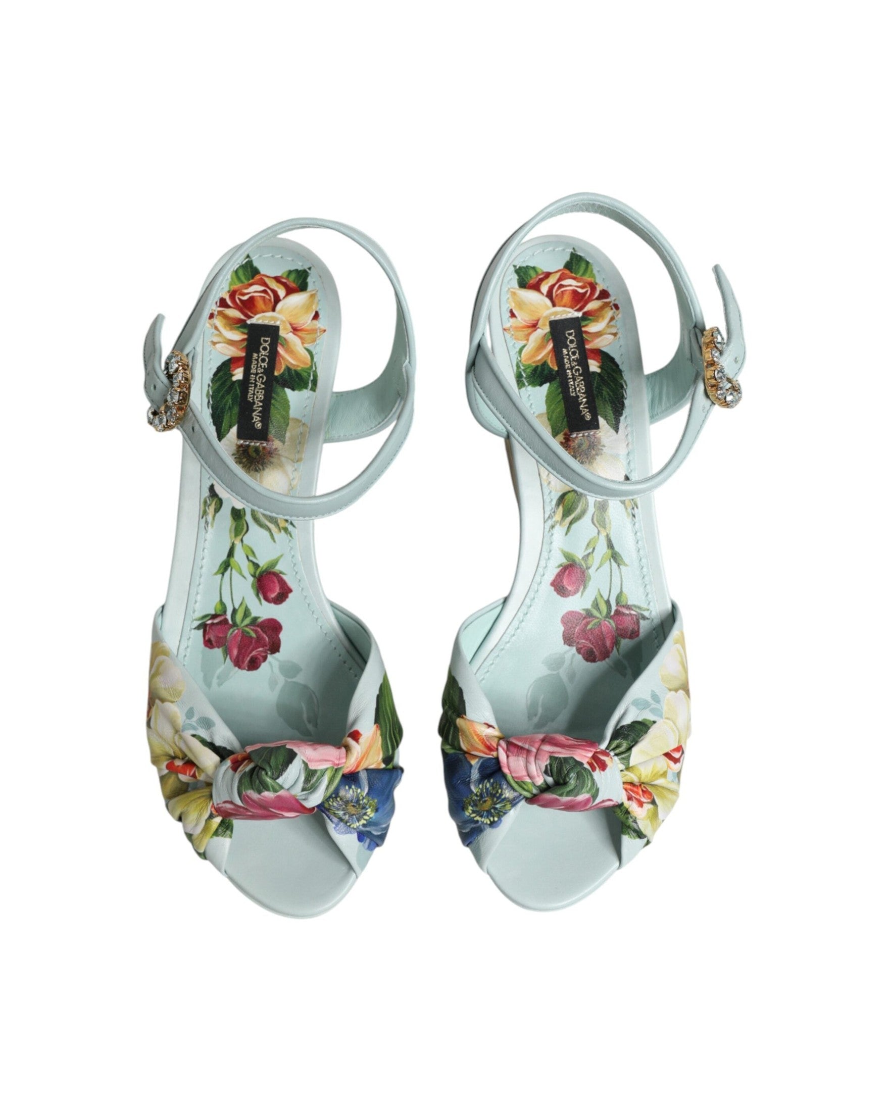 Dolce & Gabbana Green Floral Ankle Strap Wedge Heels