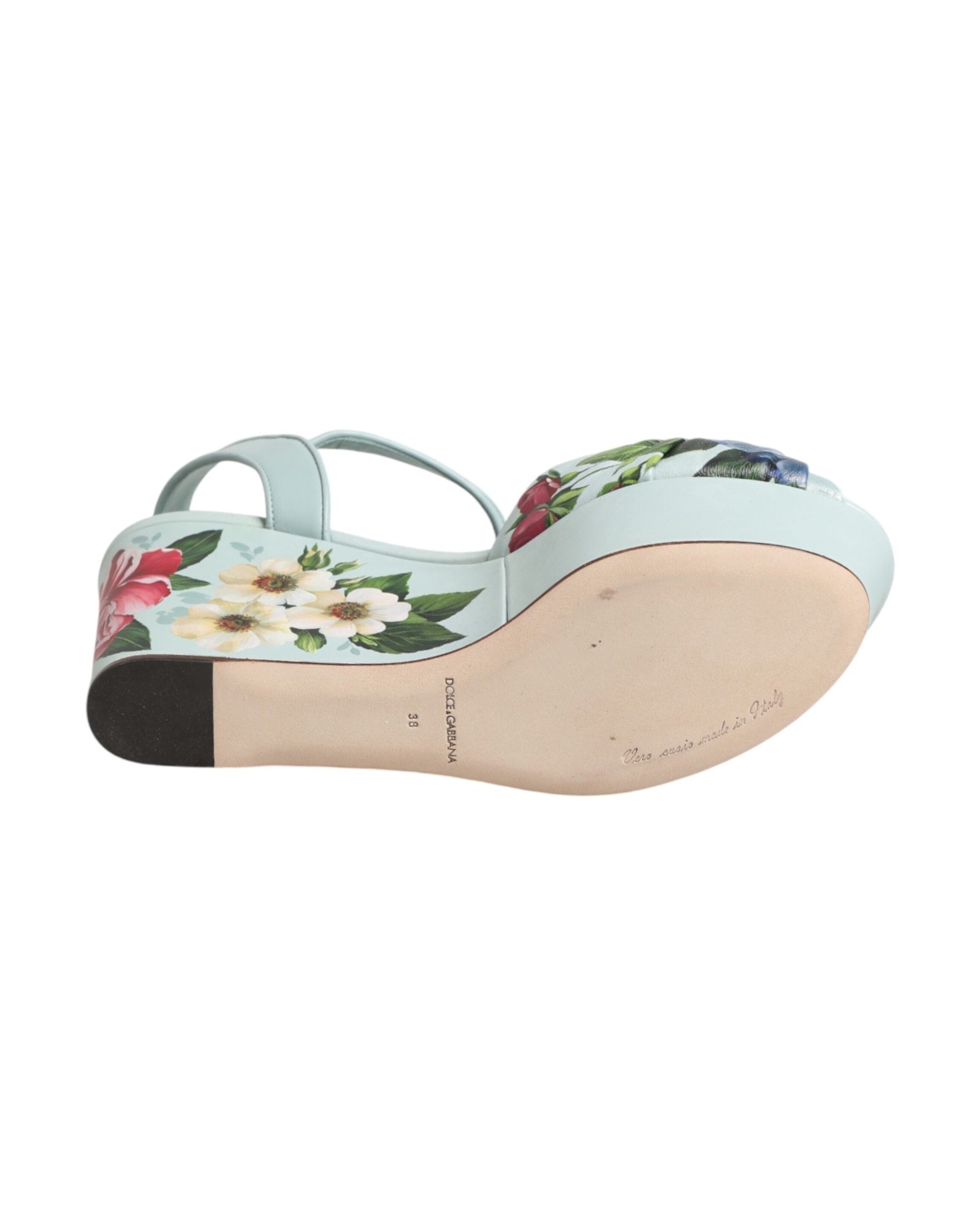 Dolce & Gabbana Green Floral Ankle Strap Wedge Heels