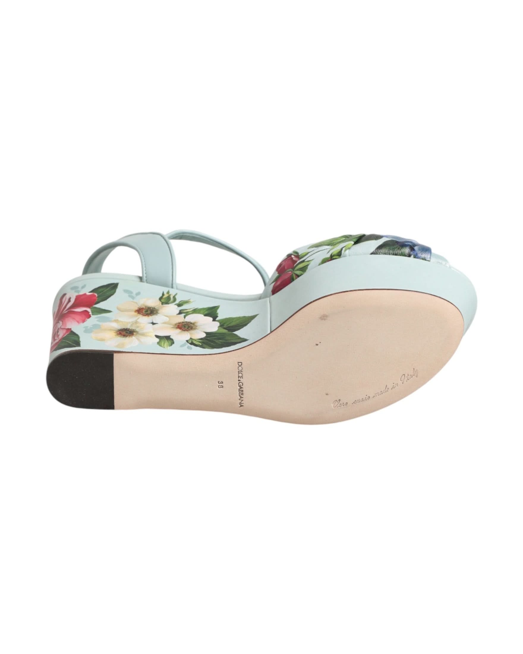 Dolce & Gabbana Green Floral Ankle Strap Wedge Heels