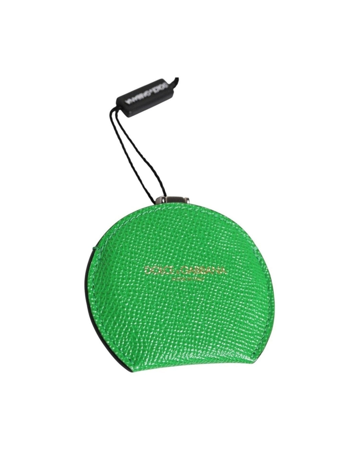 Dolce & Gabbana Green Leather Calfskin Round Logo Hand Mirror Holder Face Mirrors