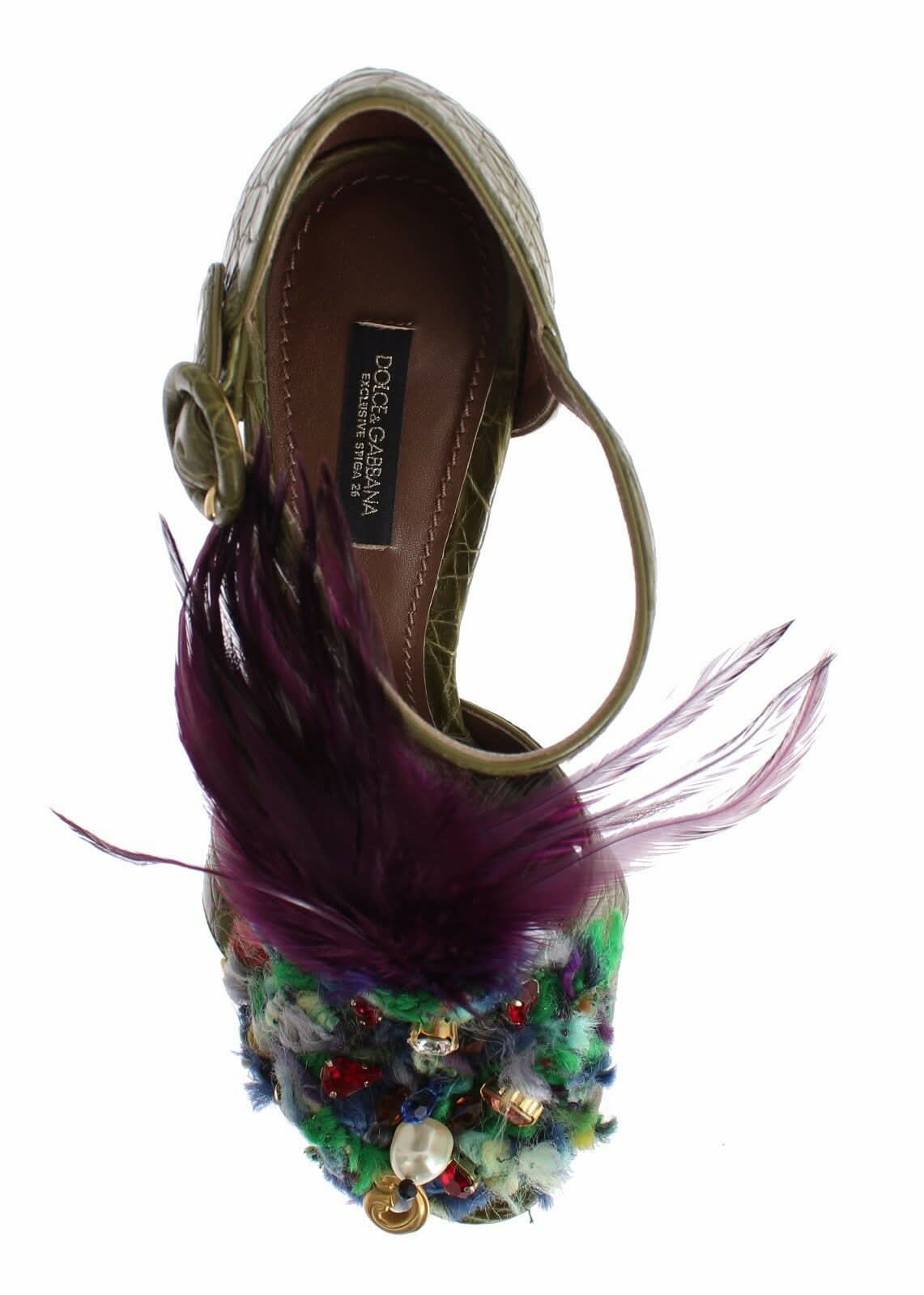Dolce & Gabbana Green Leather Crystal Platform Sandals Heels