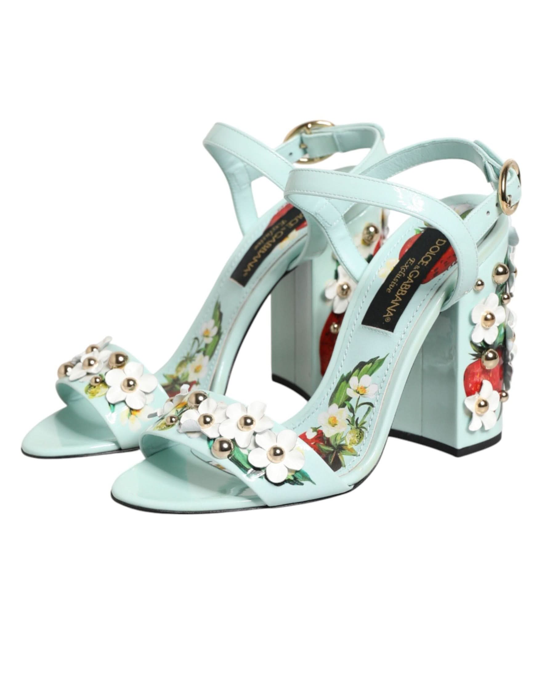 Dolce & Gabbana Green Mint Floral Studs Heels Sandals Shoes Sandals