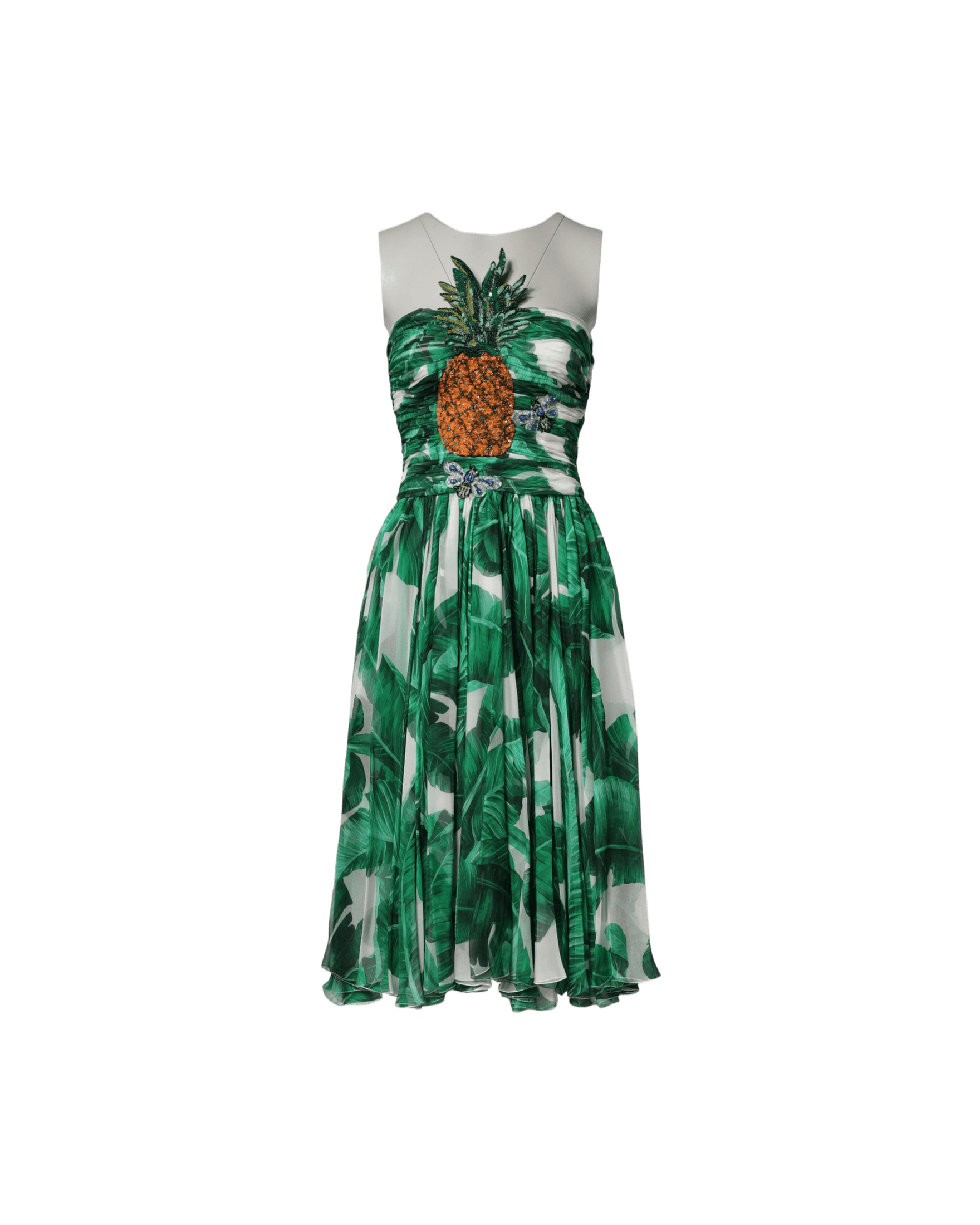 Dolce & Gabbana Green Pineapple Embellished Bananaleaf Dress Dresses