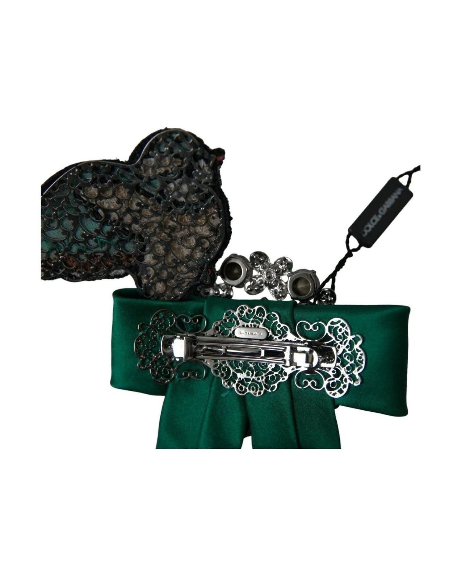 Dolce & Gabbana Green Satin Bird Crystal Women Hair Clip Hair Pins, Claws & Clips