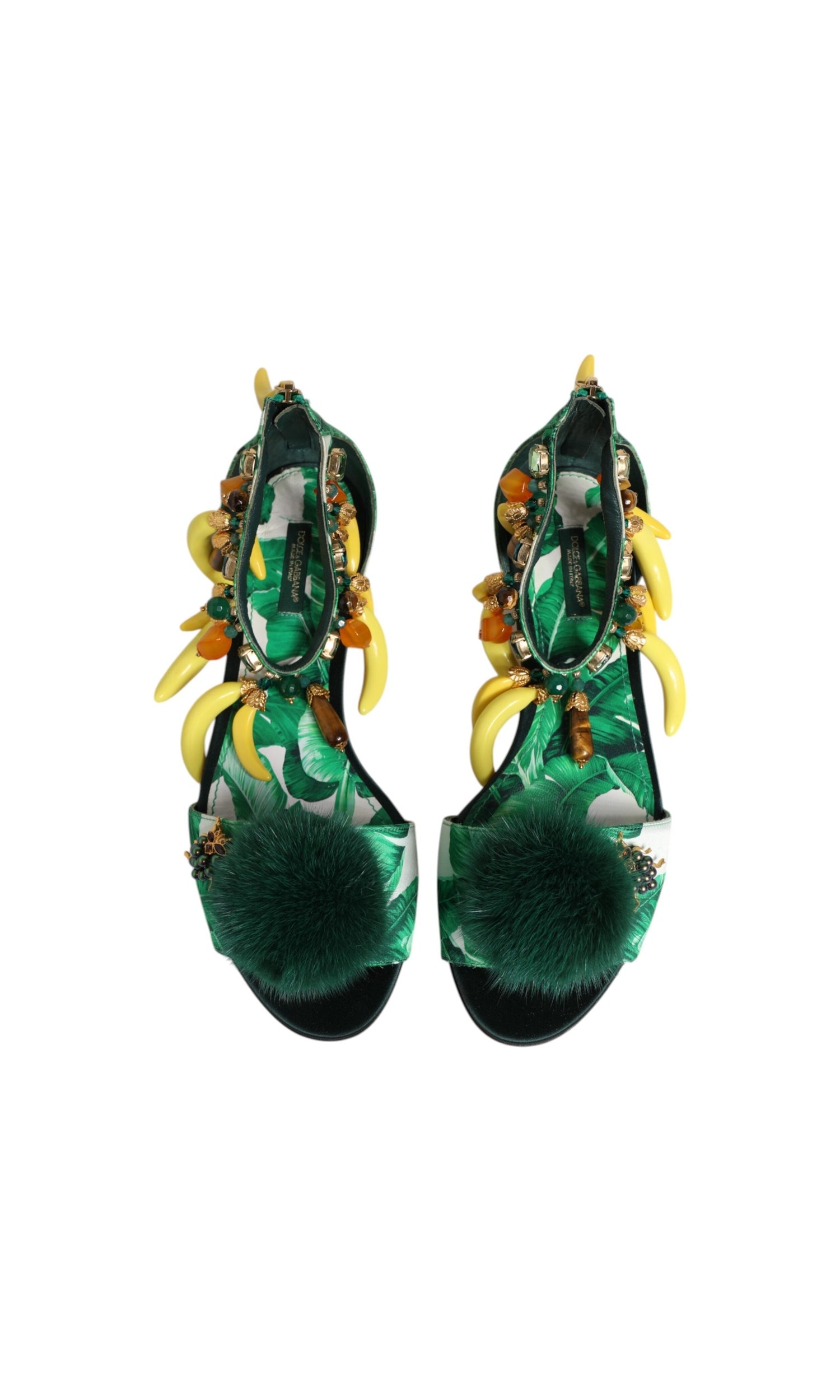 Dolce & Gabbana Green Satin Mink Fur Banana Leaf Sandals Shoes Glam Steals