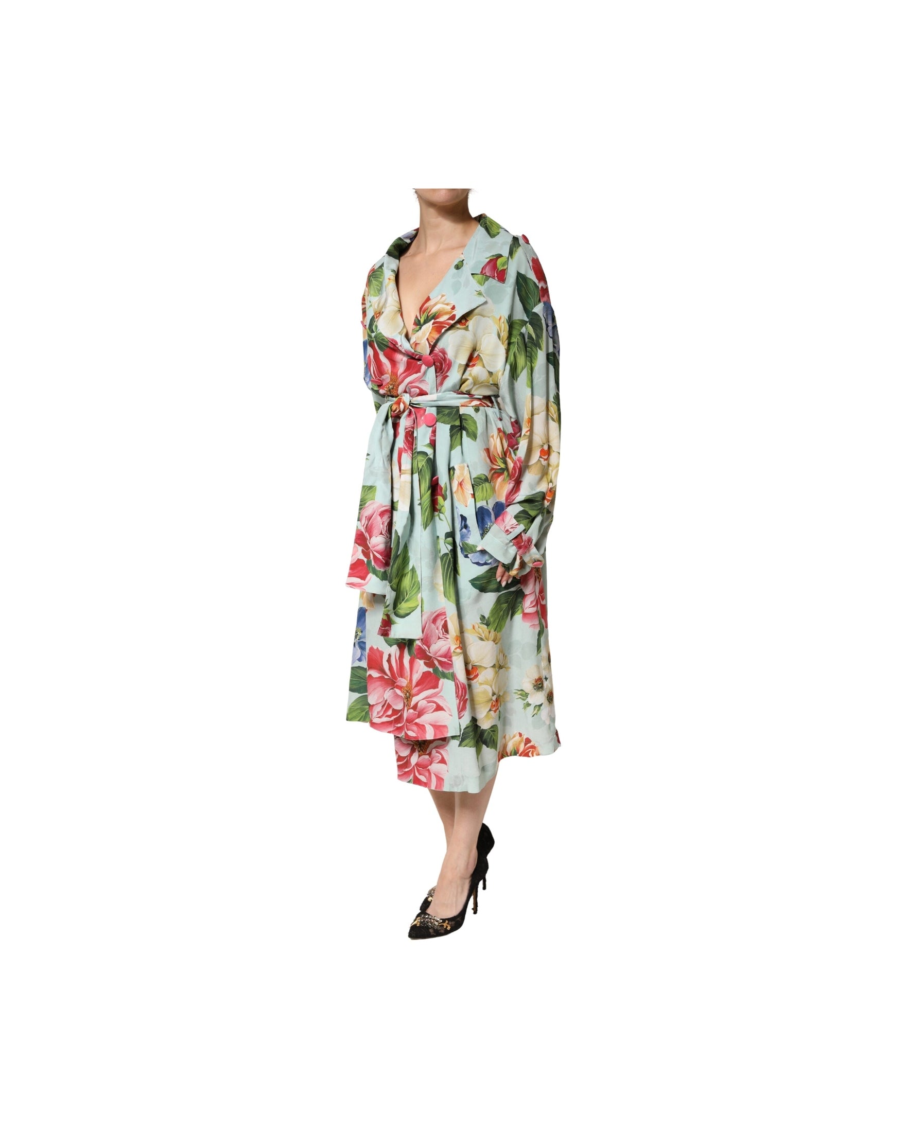 Dolce & Gabbana Green Silk Floral Wrap Midi Long Sleeve Dress
