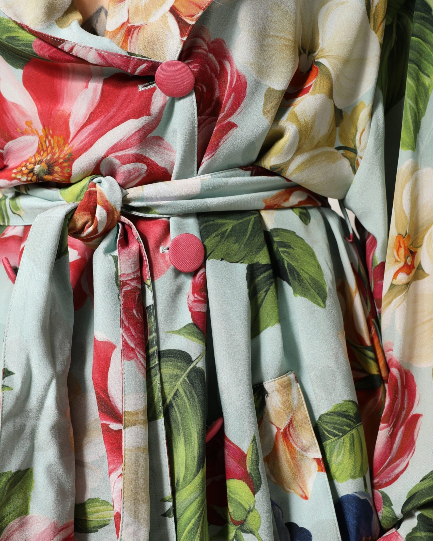 Dolce & Gabbana Green Silk Floral Wrap Midi Long Sleeve Dress