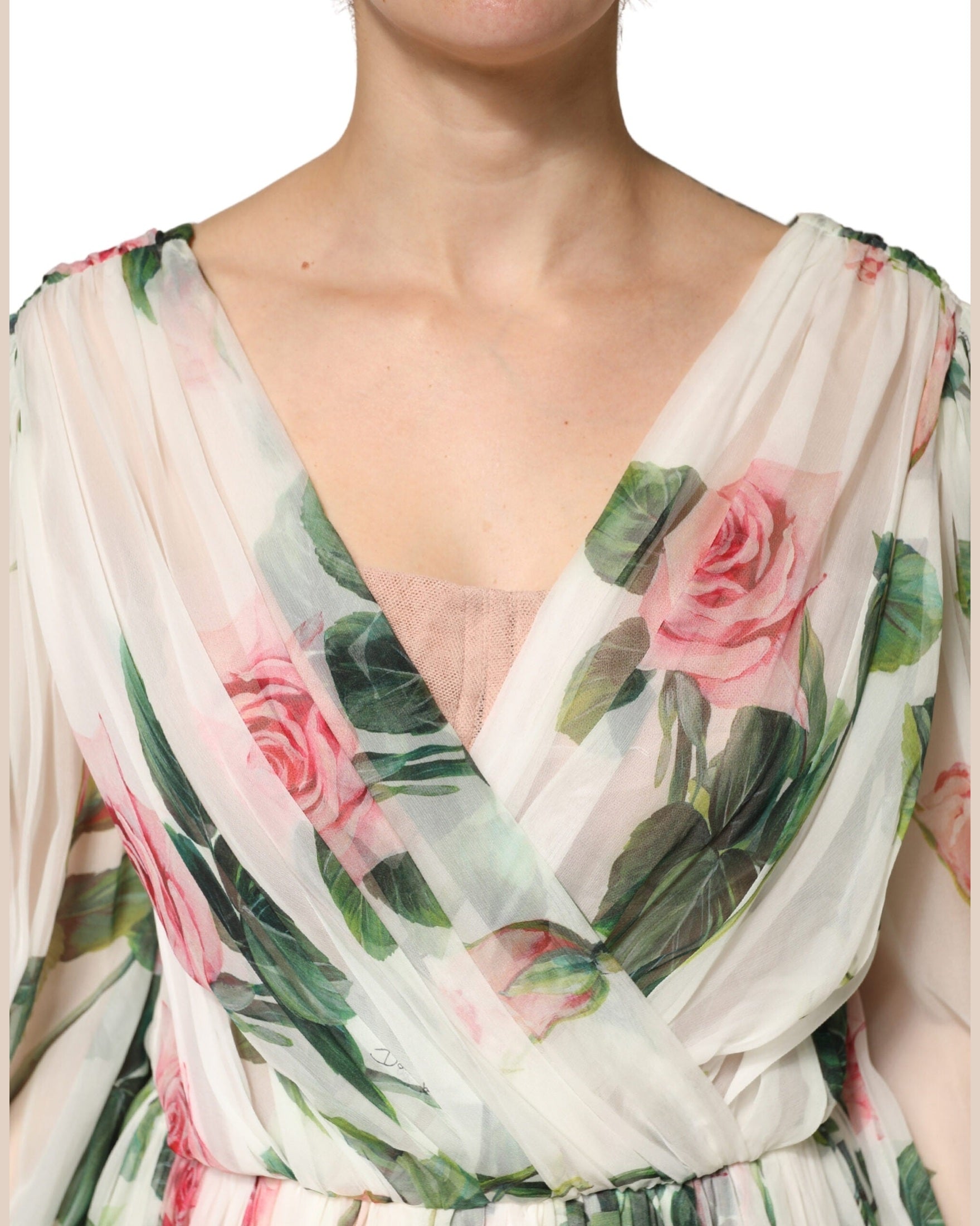 Dolce & Gabbana Green Silk Floral Wrap Midi Long Sleeve Dress