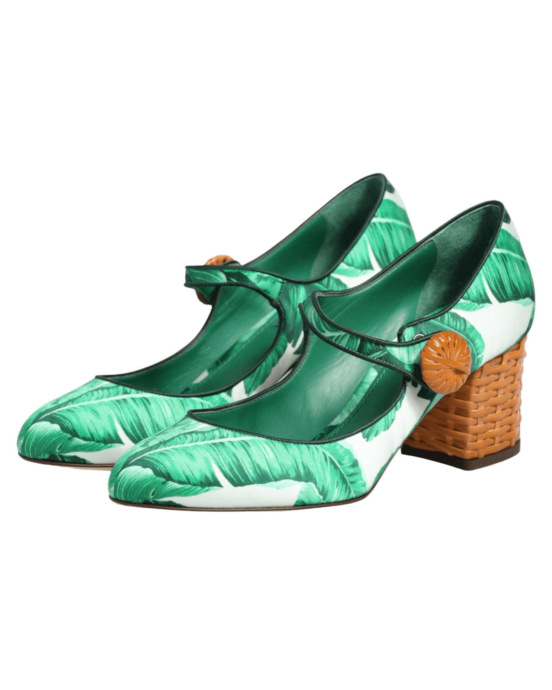 Dolce & Gabbana Green Silk Mary Janes Leaf Sandals Shoes Heels