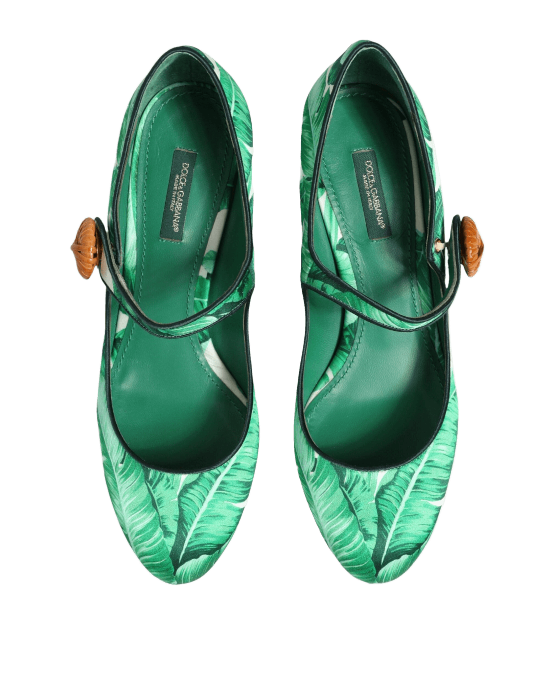 Dolce & Gabbana Green Silk Mary Janes Leaf Sandals Shoes Heels