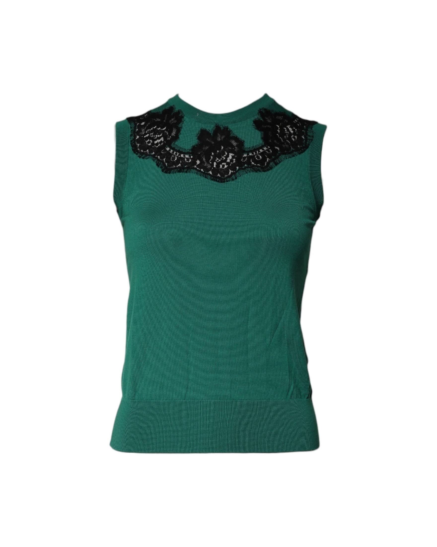 Dolce & Gabbana Green Wool Lace Detail Sleeveless Tank Top Tank Tops