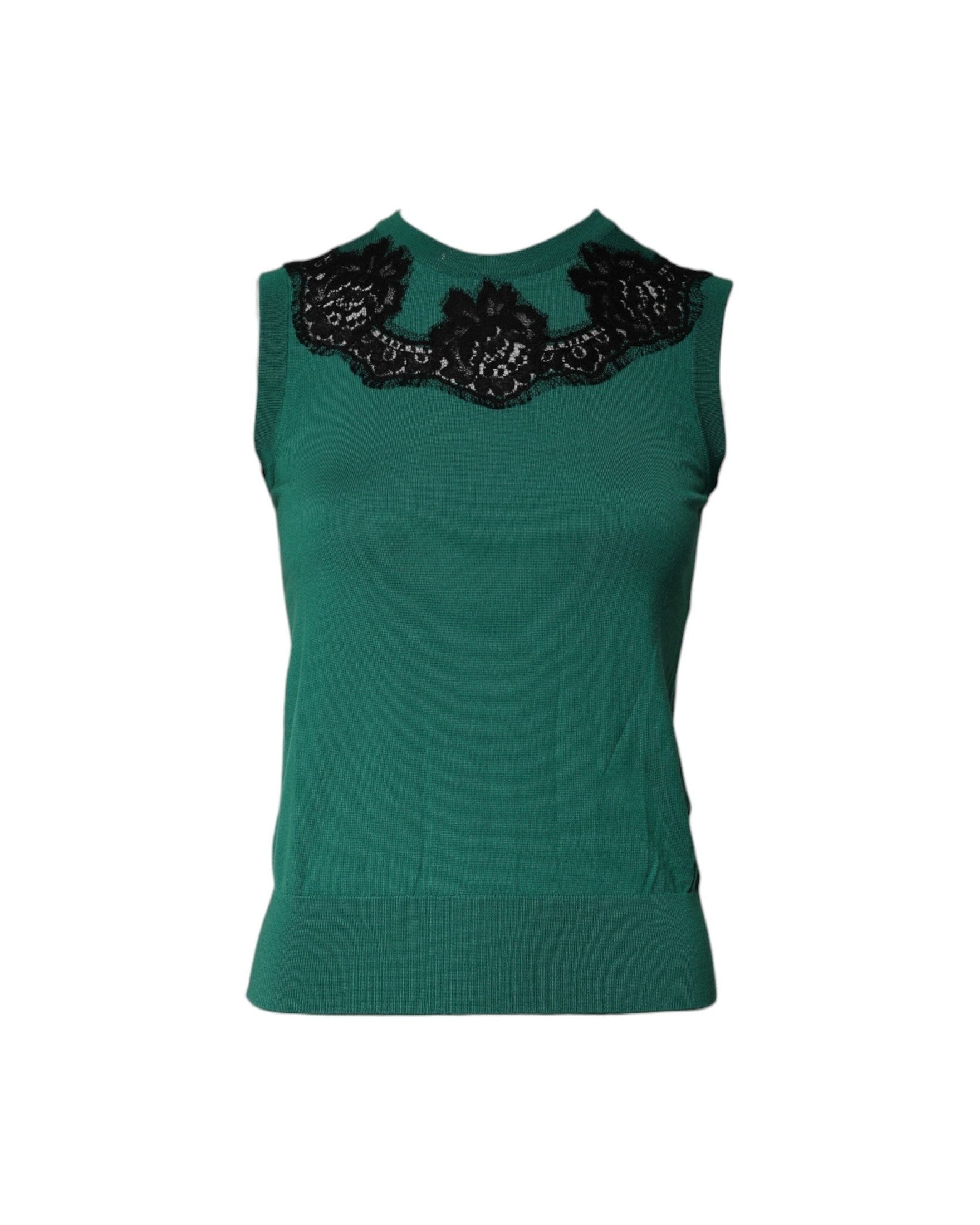 Dolce & Gabbana Green Wool Lace Detail Sleeveless Tank Top Tank Tops