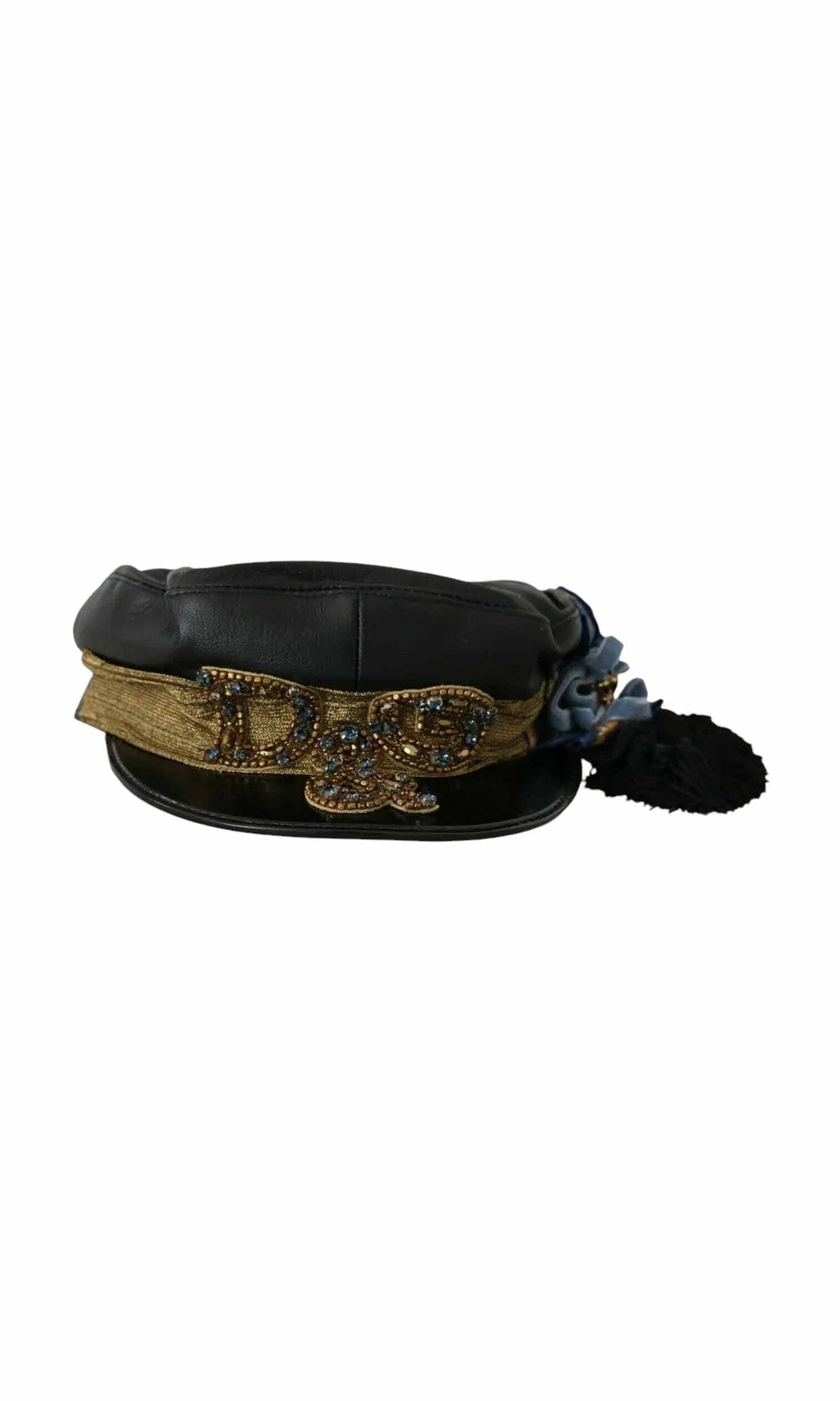 Dolce & Gabbana Leather Crystal Beads Ribbon Fiddler Black Gold Cap Glam Steals