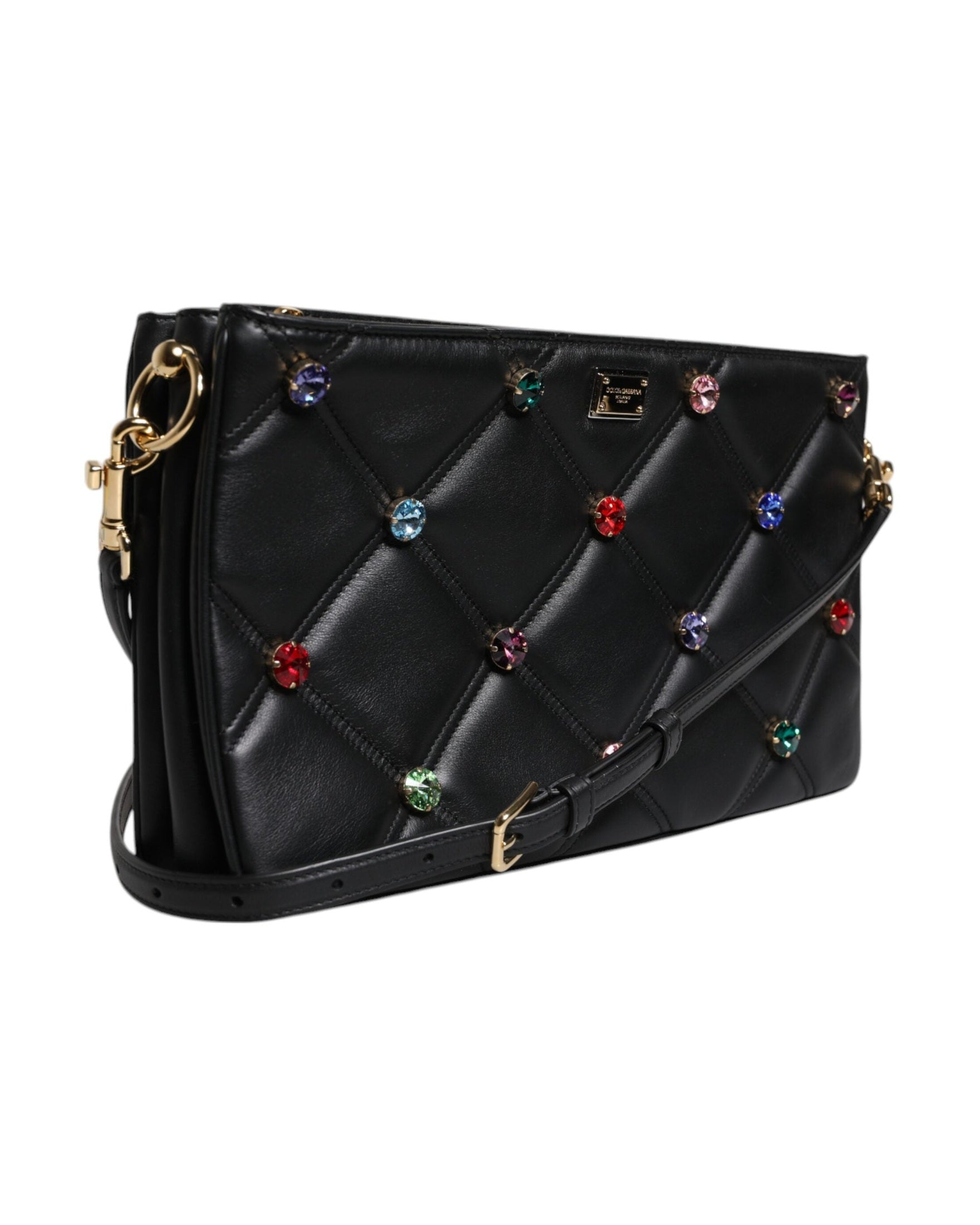 Dolce & Gabbana Leather Crystal Embellished Logo Shoulder Black Bag Glam Steals