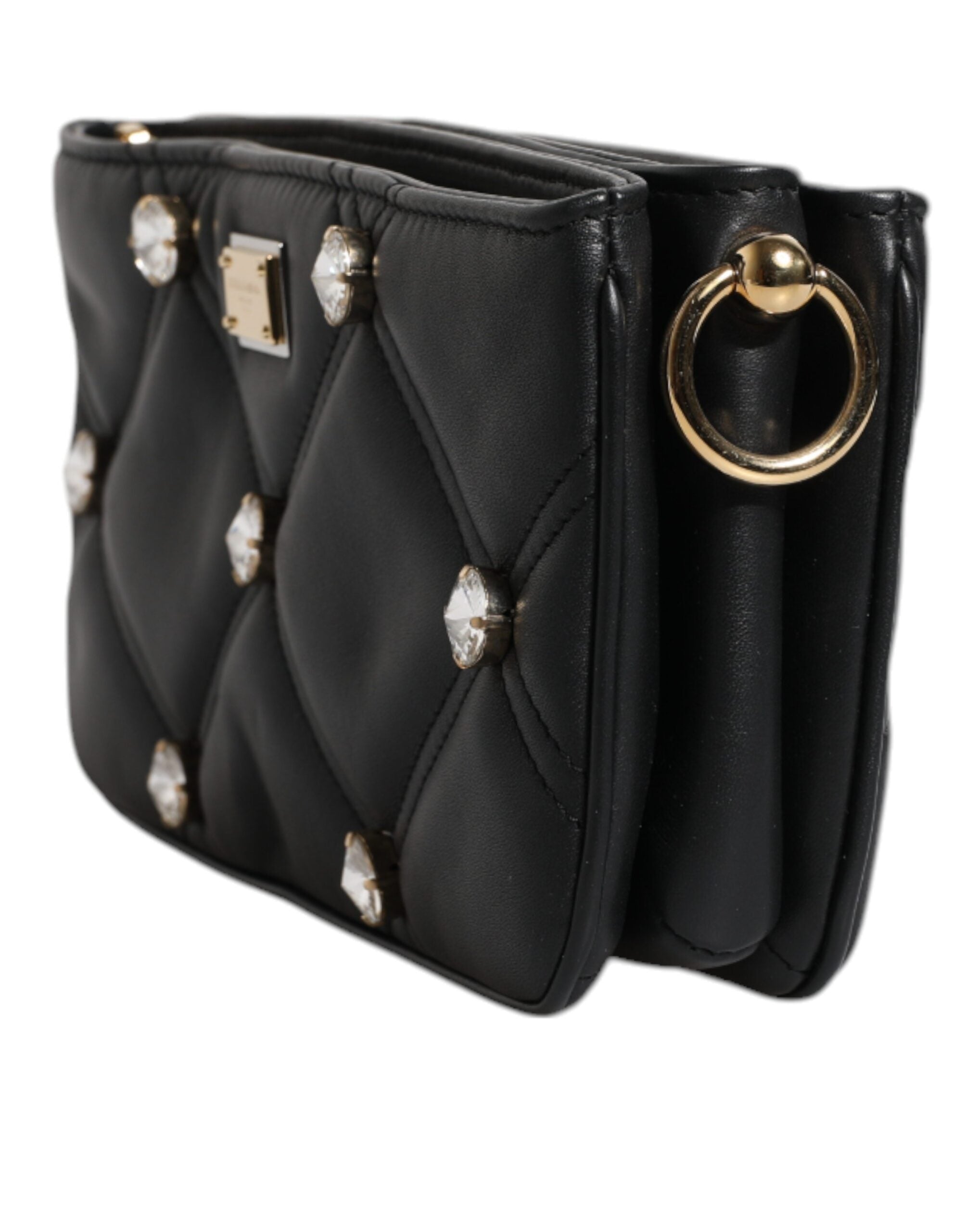 Dolce & Gabbana Leather Crystal Embellished Logo Shoulder Black Bag Glam Steals