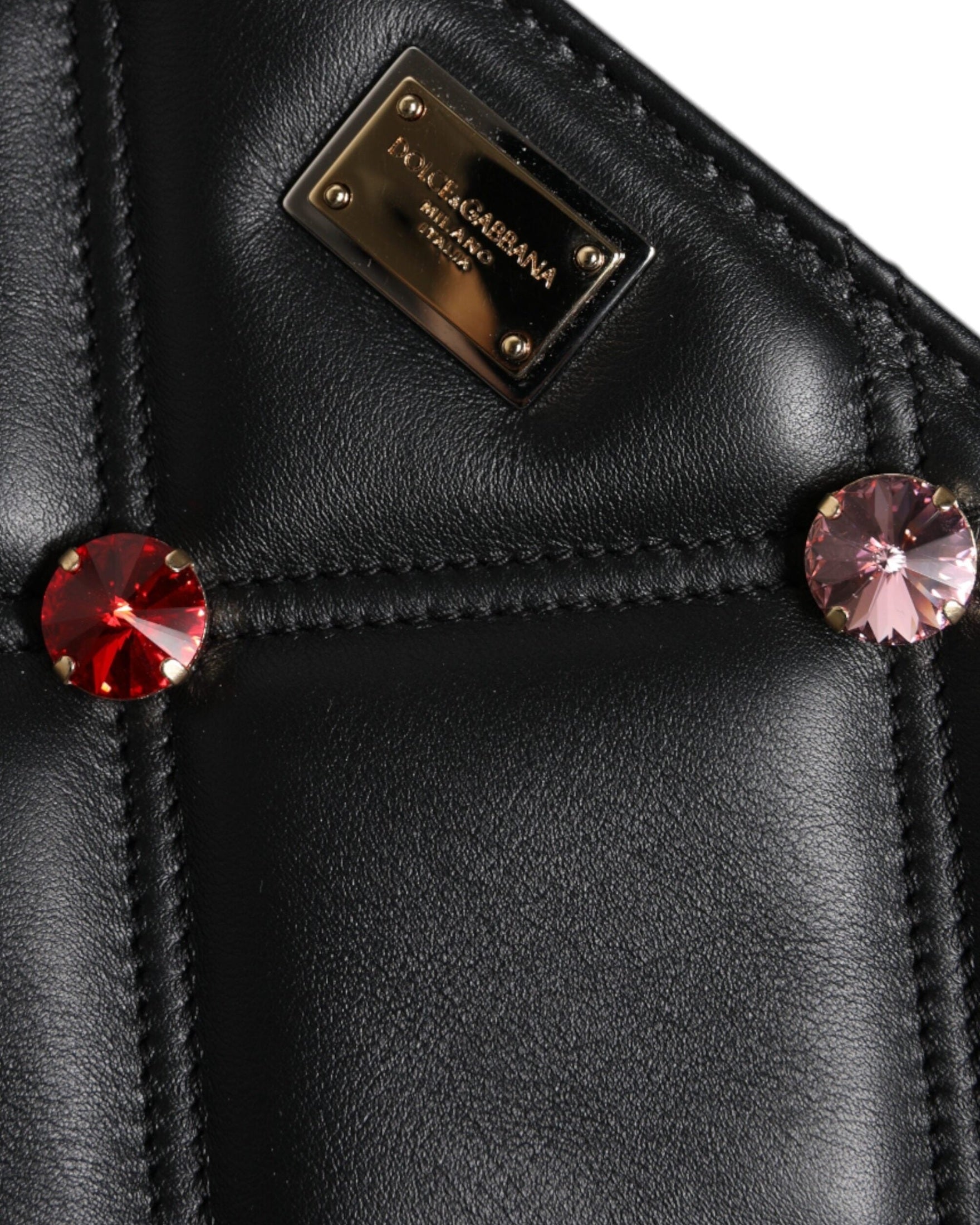 Dolce & Gabbana Leather Crystal Embellished Logo Shoulder Black Bag Glam Steals