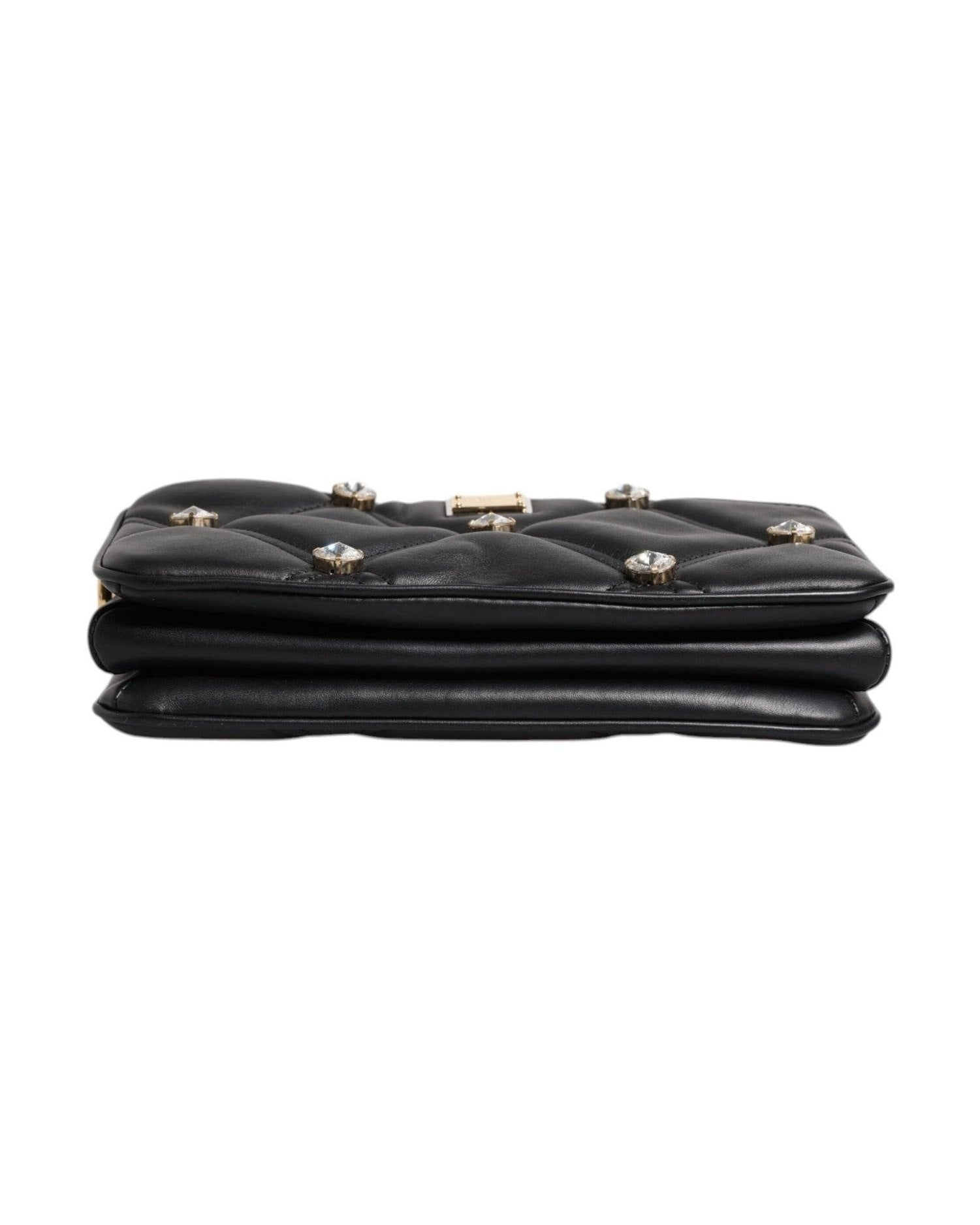 Dolce & Gabbana Leather Crystal Embellished Logo Shoulder Black Bag Glam Steals