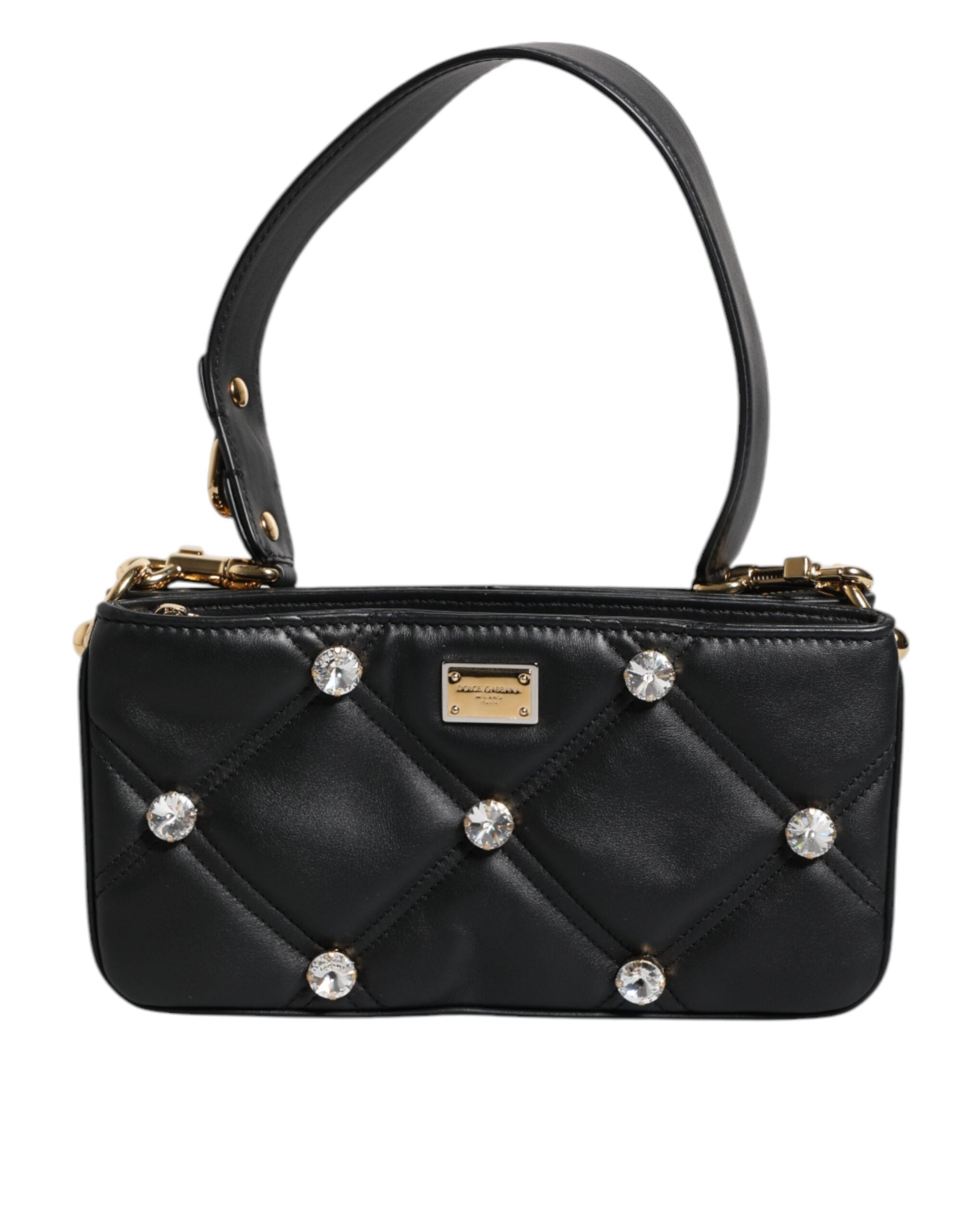 Dolce & Gabbana Leather Crystal Embellished Logo Shoulder Black Bag Glam Steals