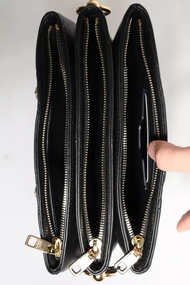 Dolce & Gabbana Leather Crystal Embellished Logo Shoulder Black Bag Glam Steals