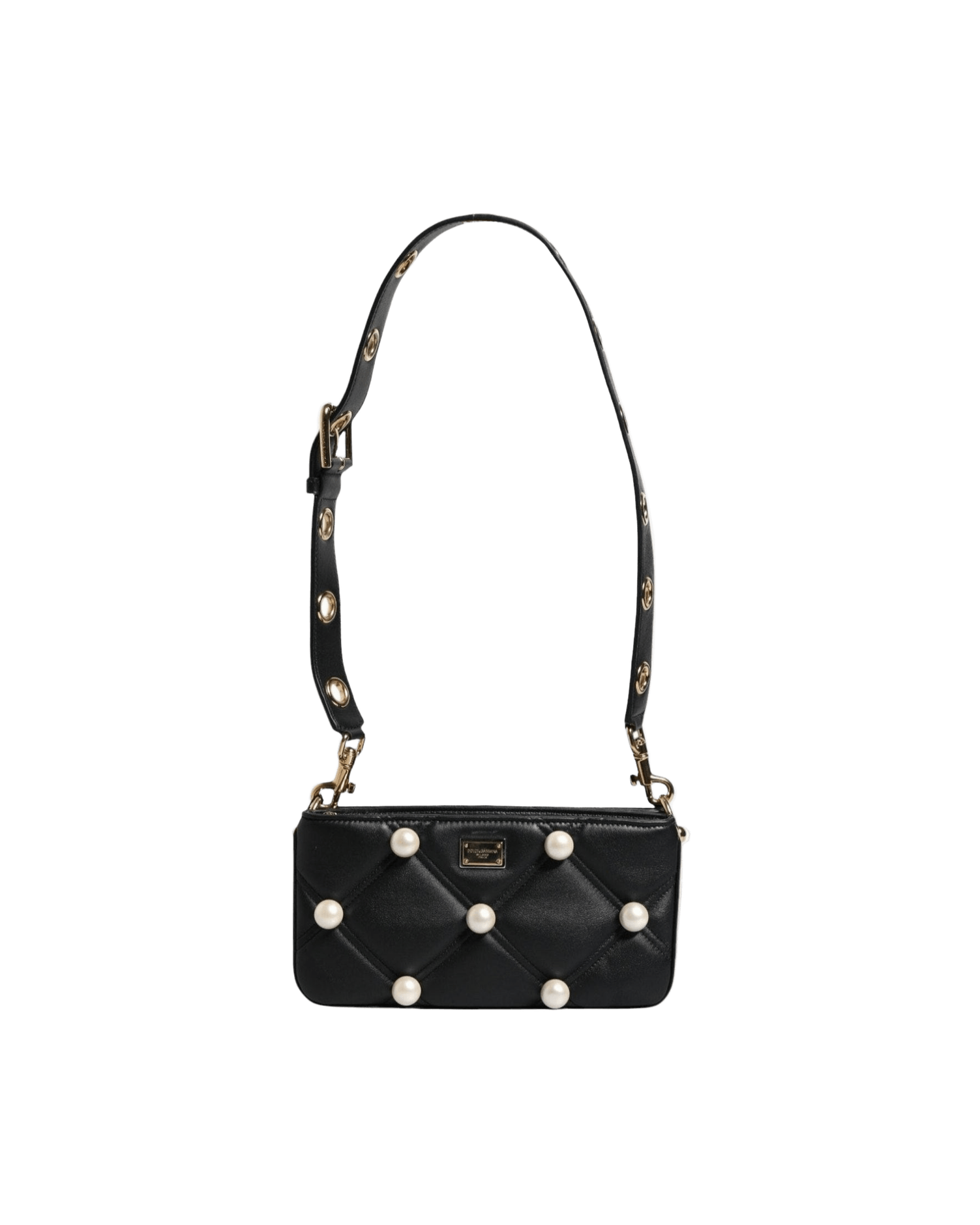 Dolce & Gabbana Leather Pearl Embellished Logo Shoulder Black Bag Glam Steals