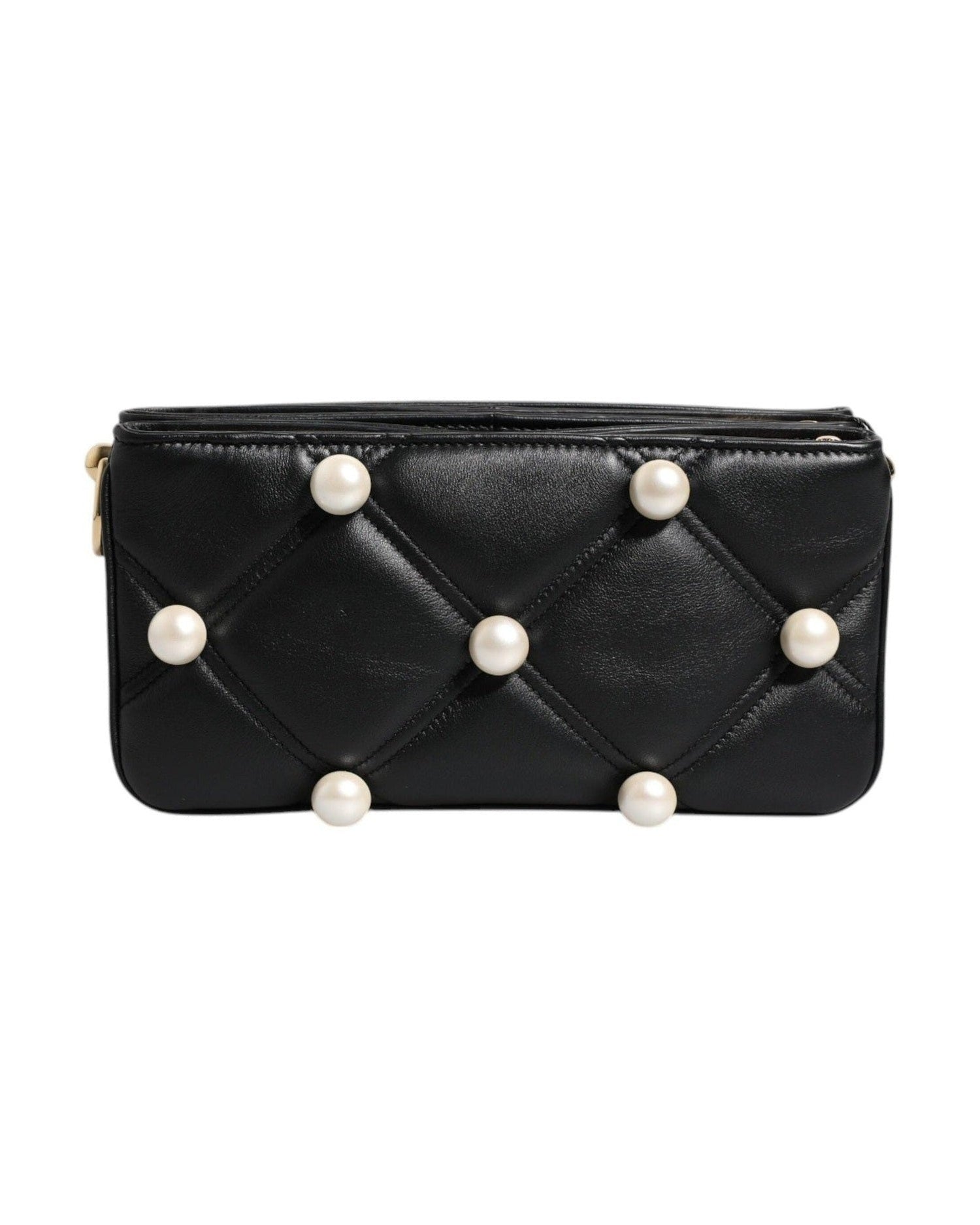 Dolce & Gabbana Leather Pearl Embellished Logo Shoulder Black Bag Glam Steals