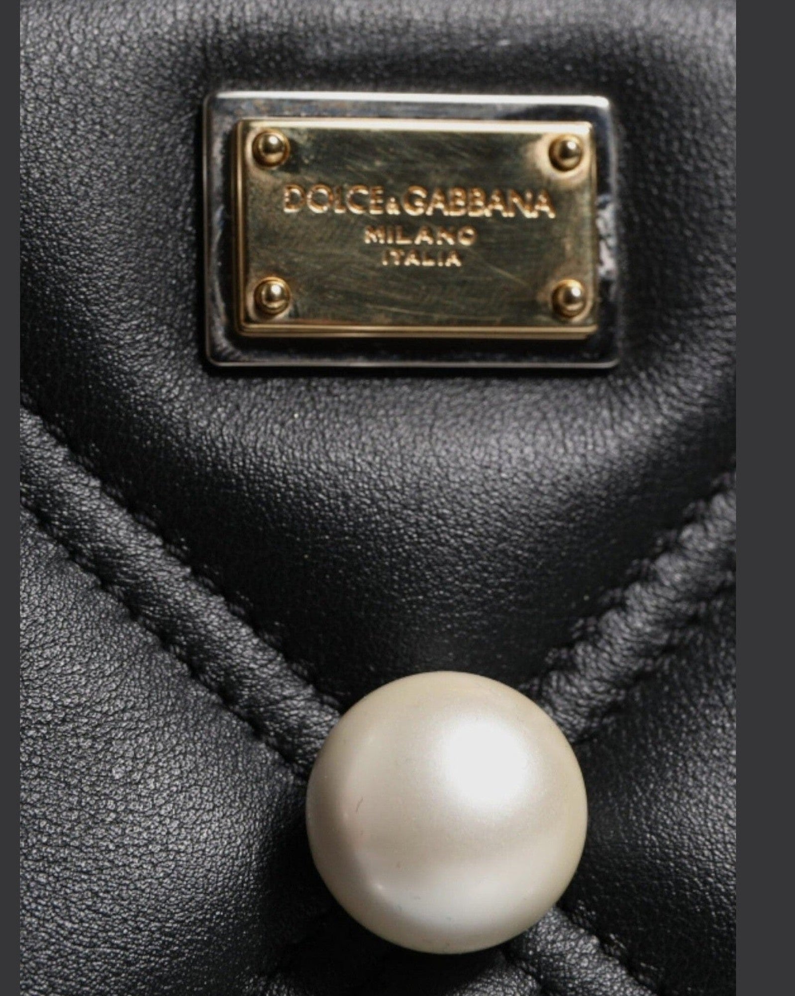 Dolce & Gabbana Leather Pearl Embellished Logo Shoulder Black Bag Glam Steals