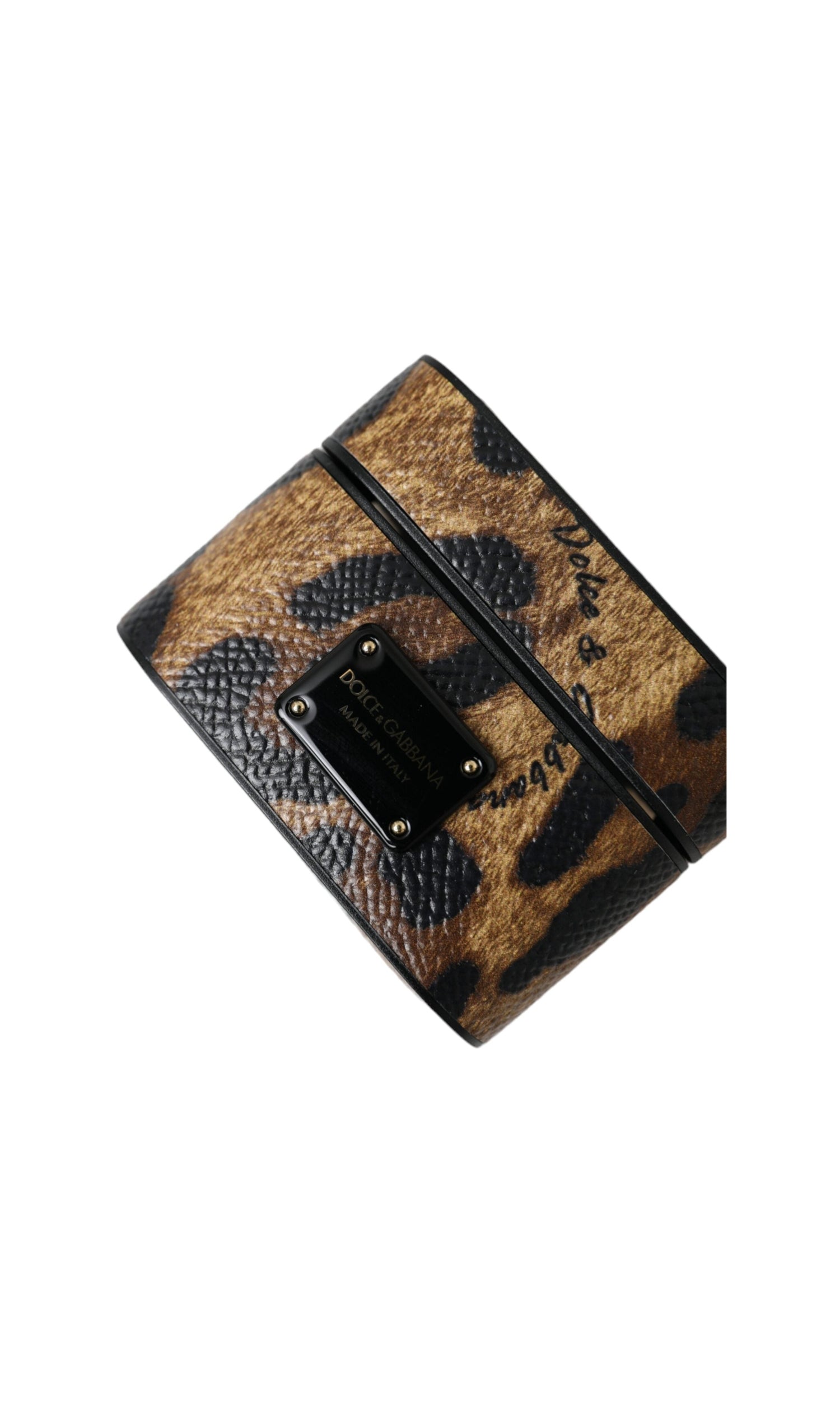 Dolce & Gabbana Leopard Calf Leather Metal Logo Plaque Airpods Brown Case Glam Steals