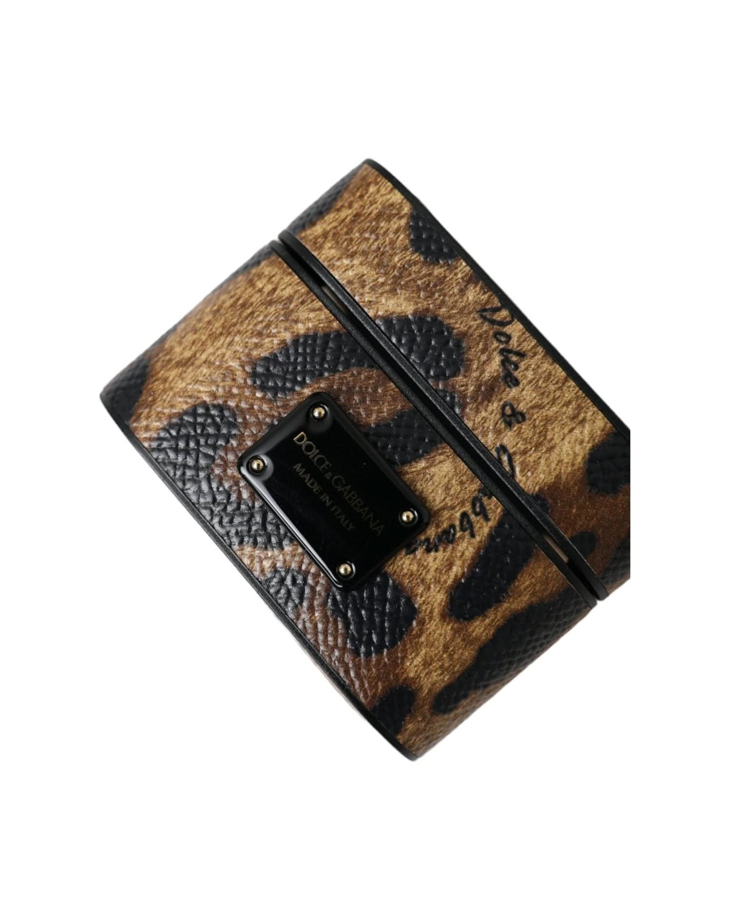 Dolce & Gabbana Brown Leopard Calf Leather Metal Logo Plaque Airpods Case Headphone & Headset Accessories