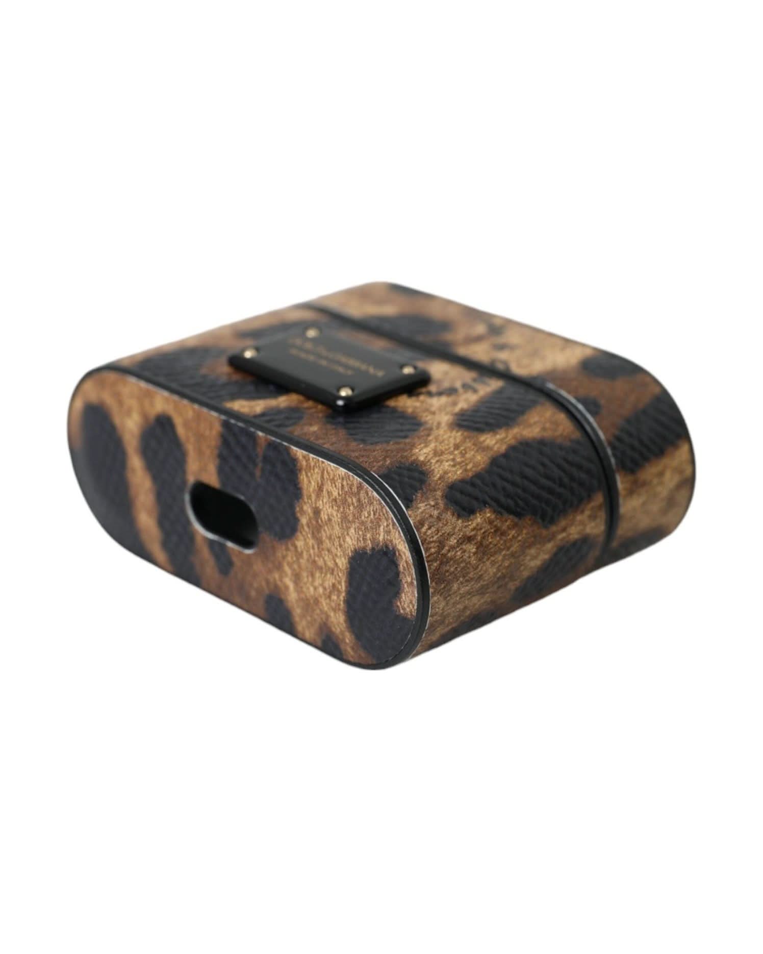 Dolce & Gabbana Brown Leopard Calf Leather Metal Logo Plaque Airpods Case Headphone & Headset Accessories