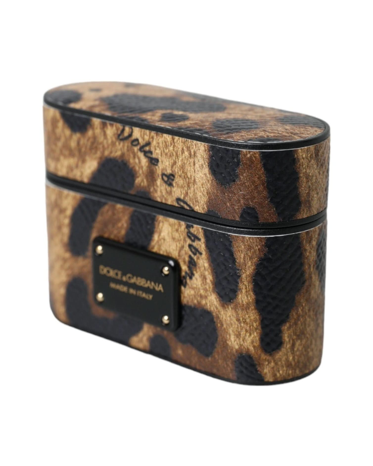 Dolce & Gabbana Brown Leopard Calf Leather Metal Logo Plaque Airpods Case Headphone & Headset Accessories