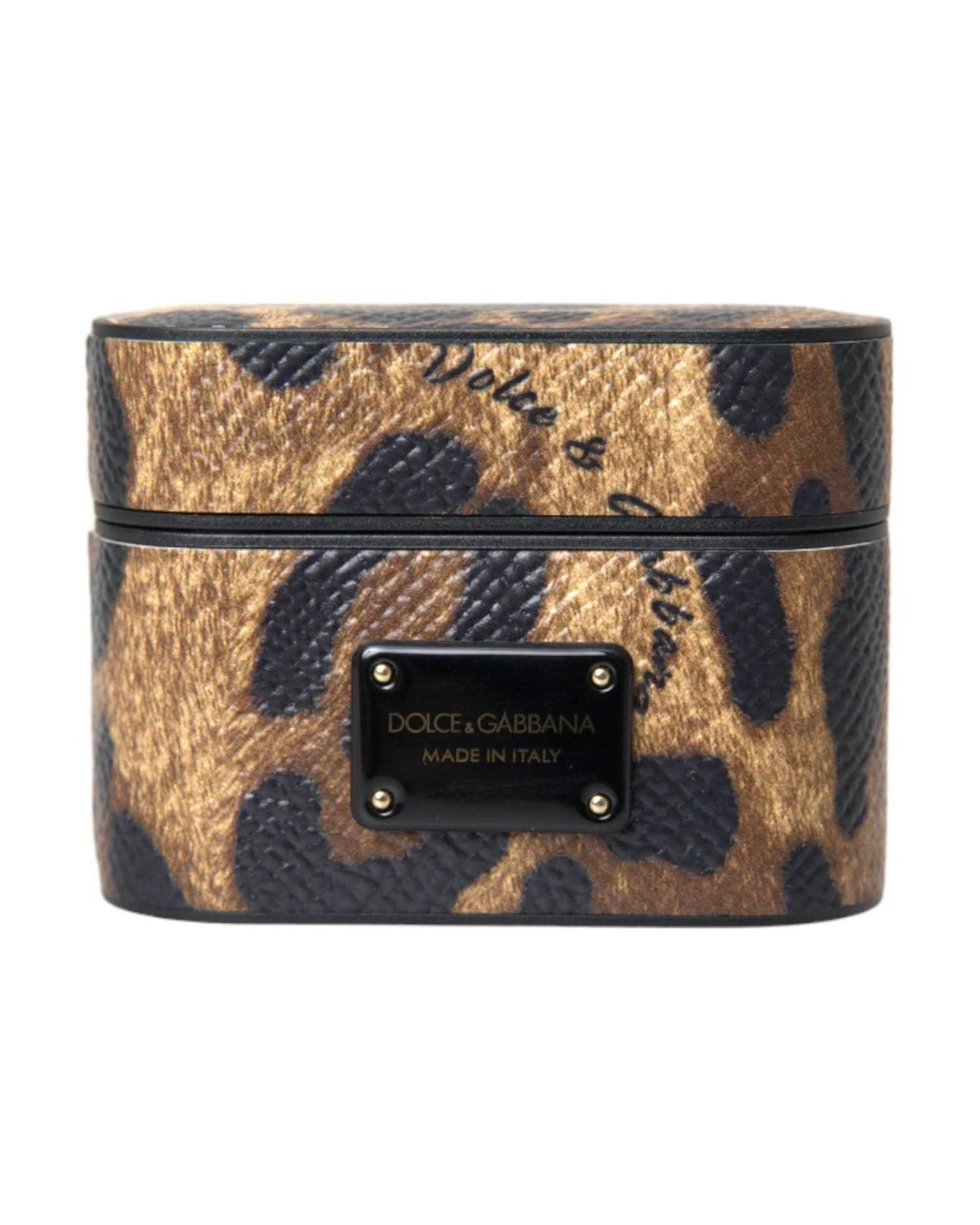 Dolce & Gabbana Brown Leopard Calf Leather Metal Logo Plaque Airpods Case Headphone & Headset Accessories