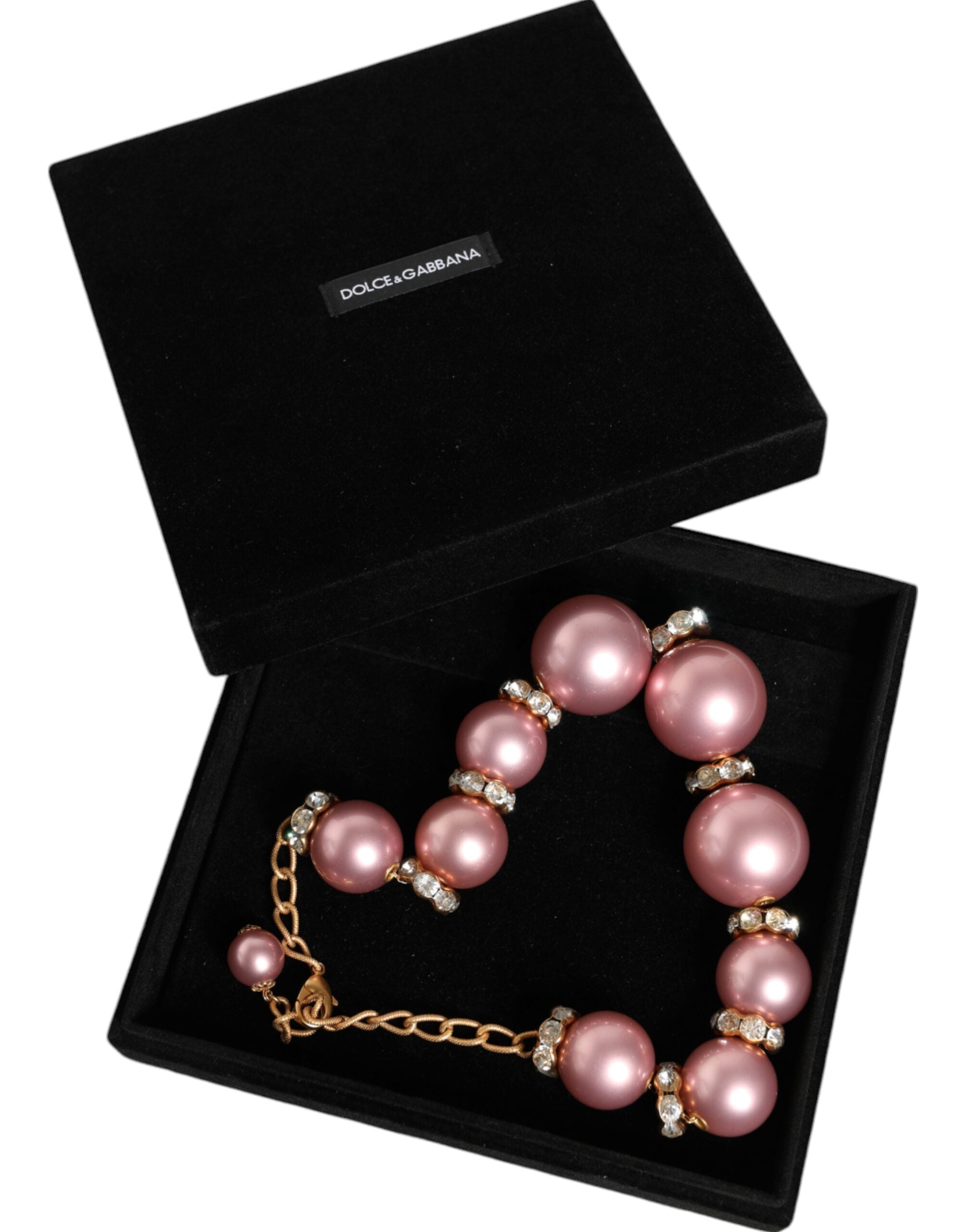 Dolce & Gabbana Maxi Faux Pearl Beads Crystals Chain Pink Gold Necklace Glam Steals