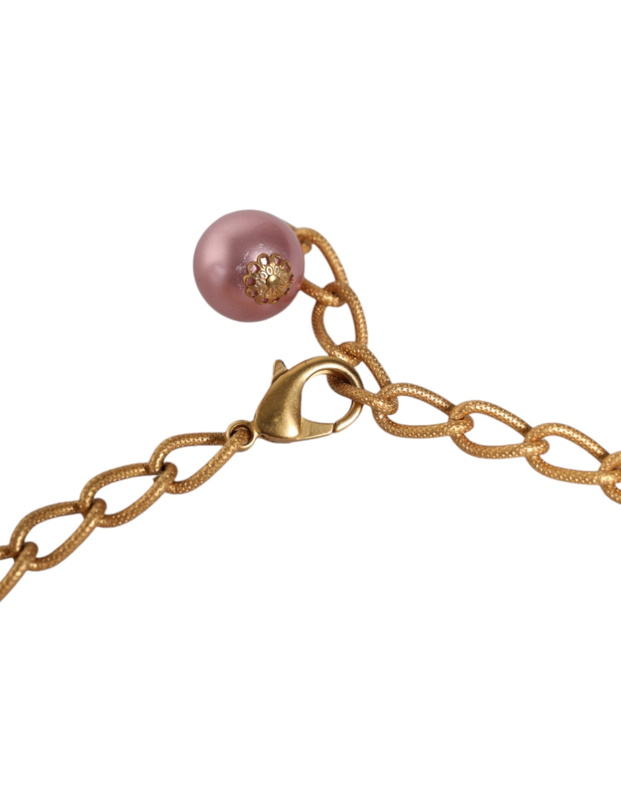 Dolce & Gabbana Maxi Faux Pearl Beads Crystals Chain Pink Gold Necklace Glam Steals
