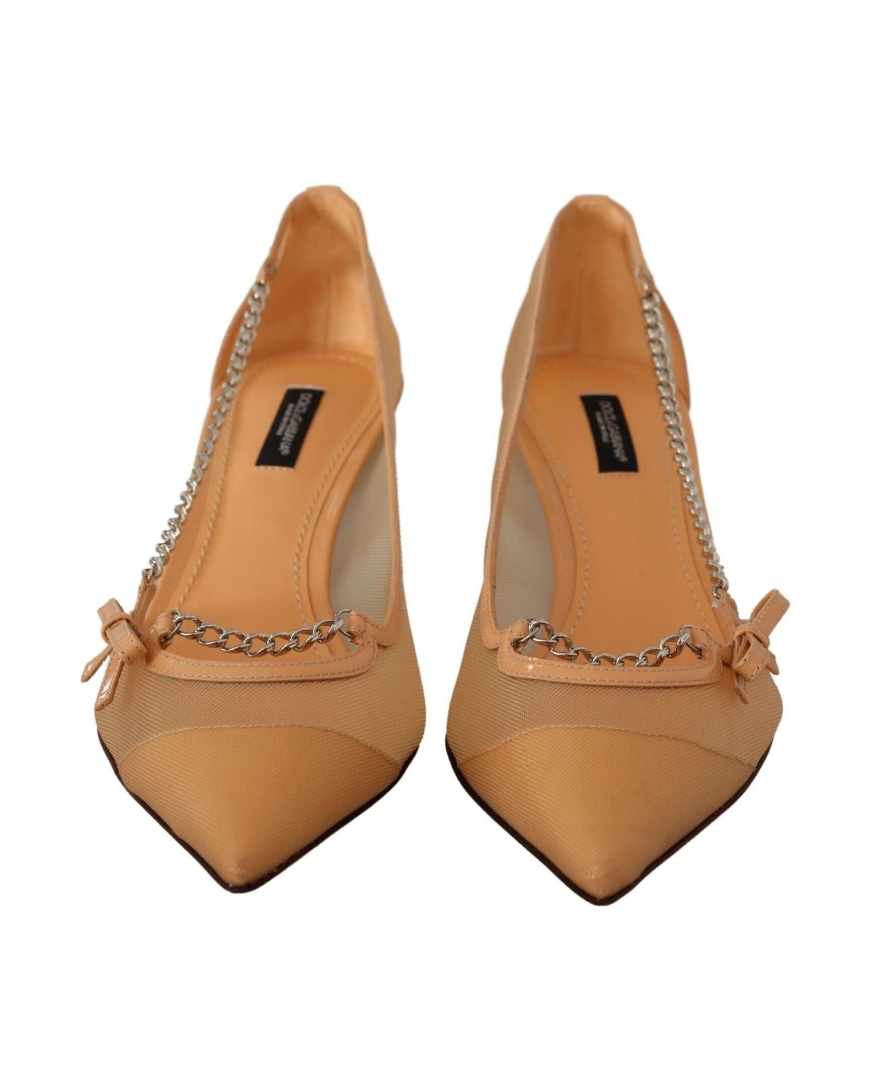 Dolce & Gabbana Mesh Peach Leather Chains Heels Heels