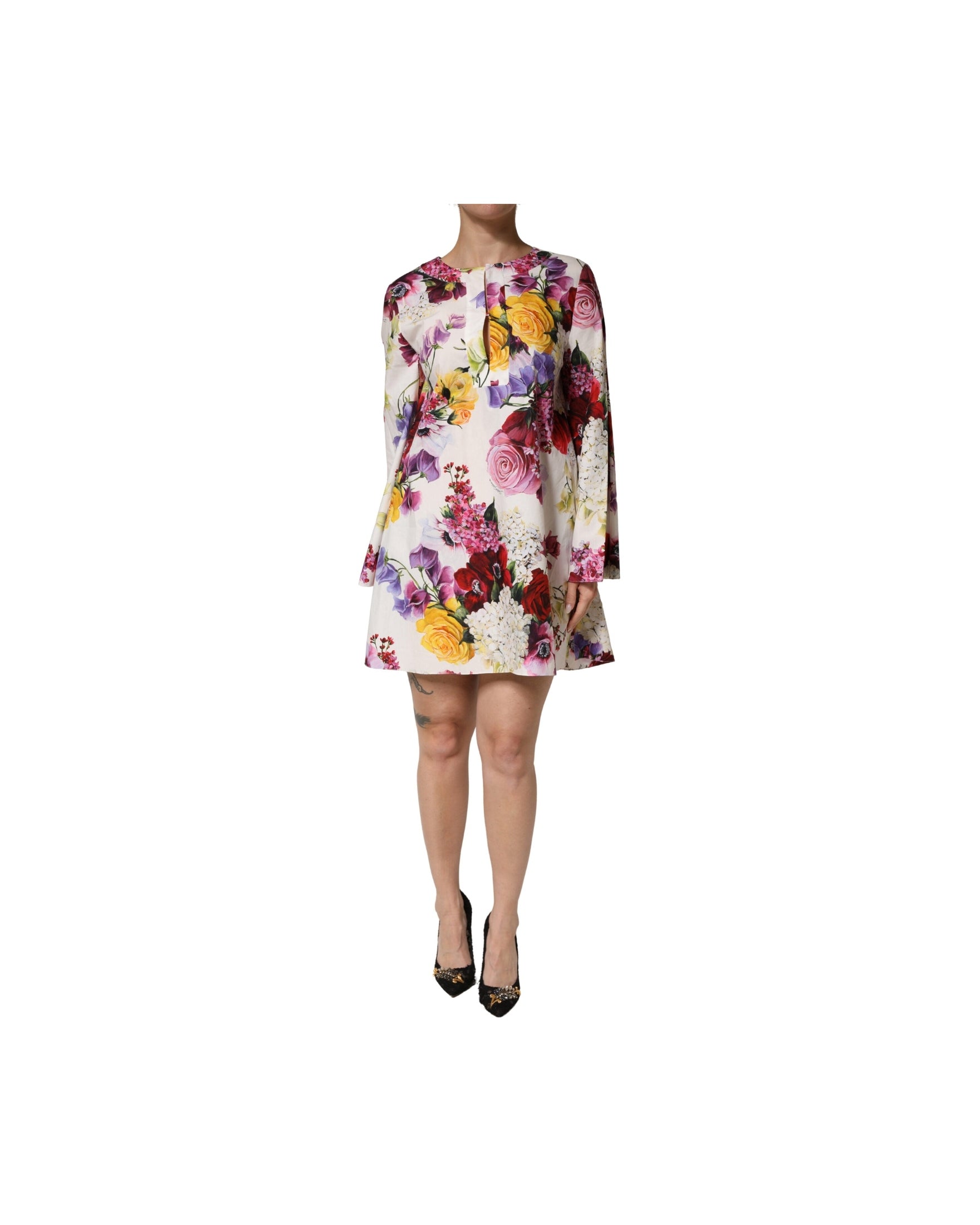 Dolce & Gabbana Multicolor Cotton Floral Longsleeves Midi Dress