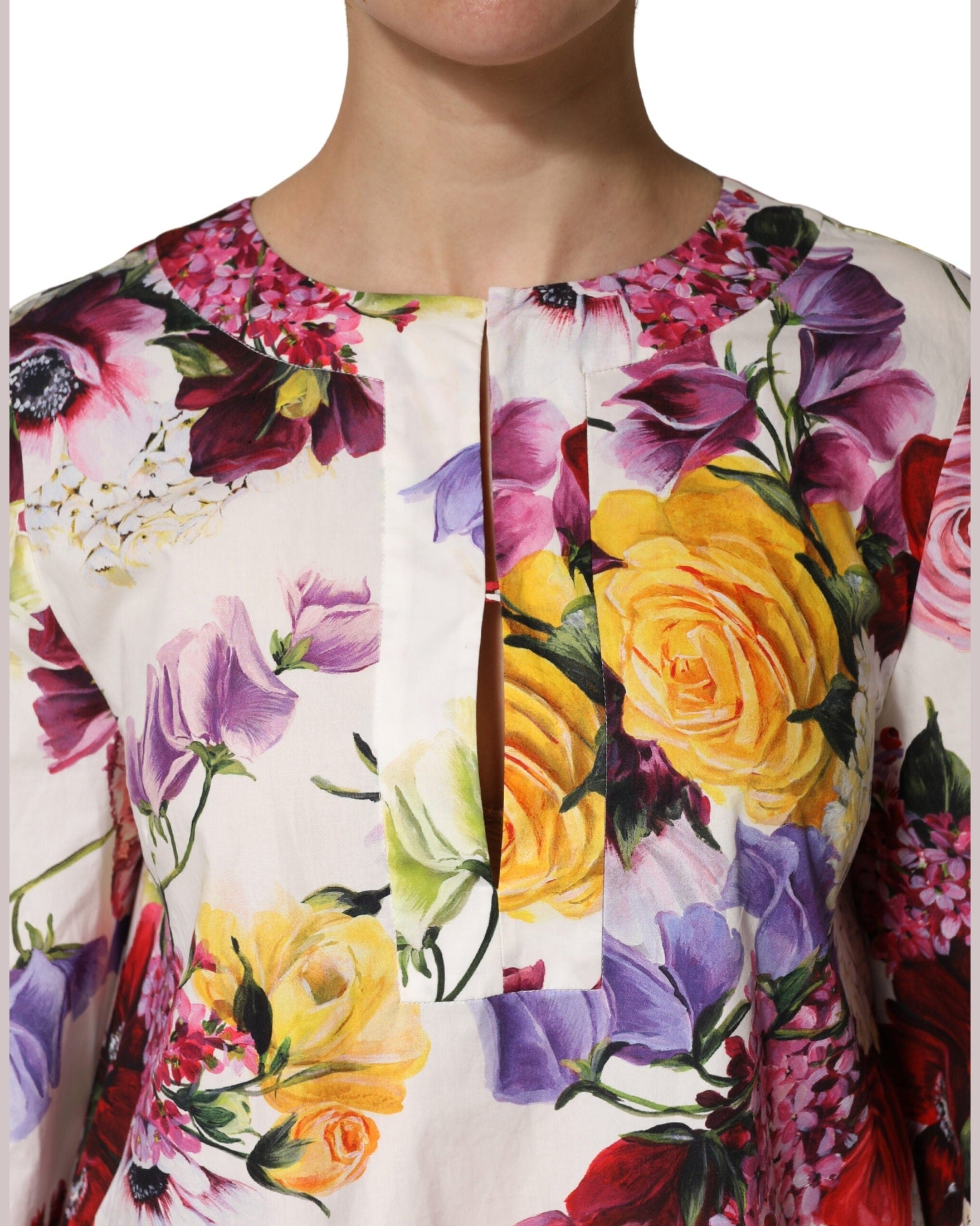 Dolce & Gabbana Multicolor Cotton Floral Longsleeves Midi Dress