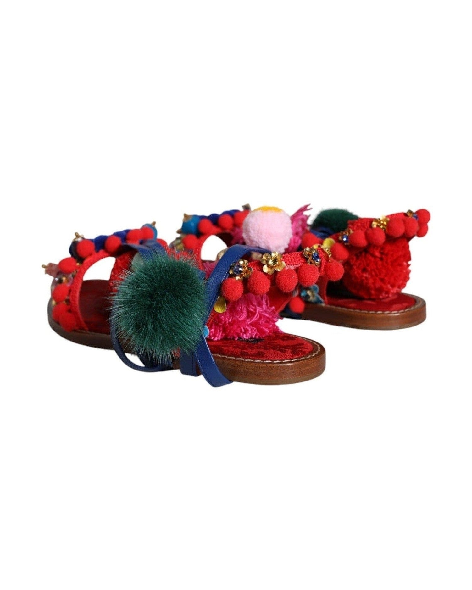 Dolce & Gabbana Multicolor Pom Pom Fur Wrap Sandals Shoes Glam Steals