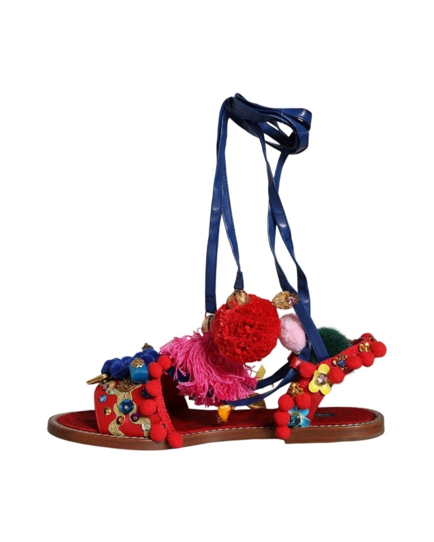 Dolce & Gabbana Multicolor Pom Pom Fur Wrap Sandals Shoes Glam Steals